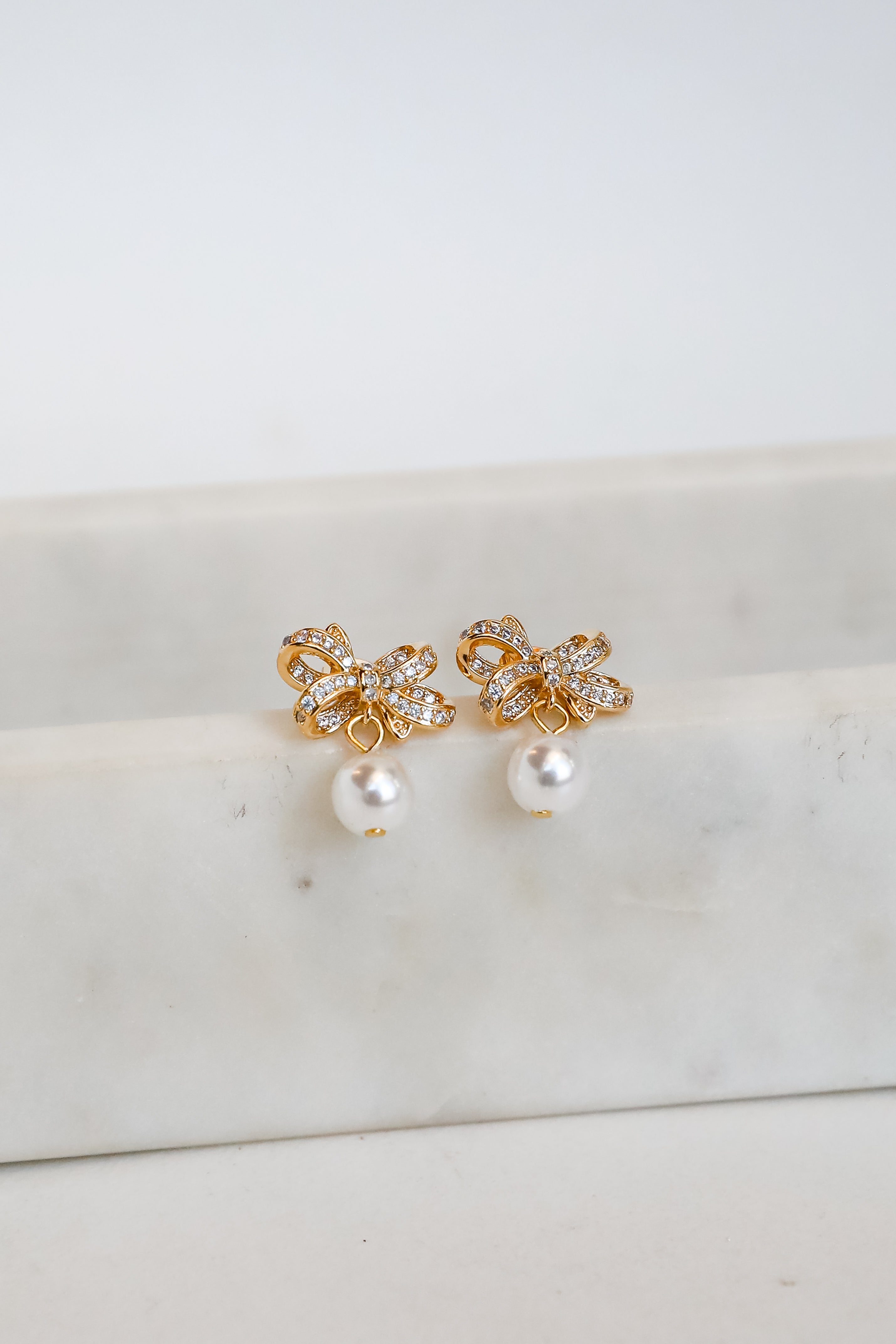 Harlow Gold Rhinestone Pearl Bow Earrings