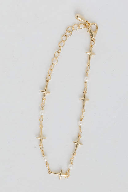 Gold Cross + Pearl Chain Bracelet