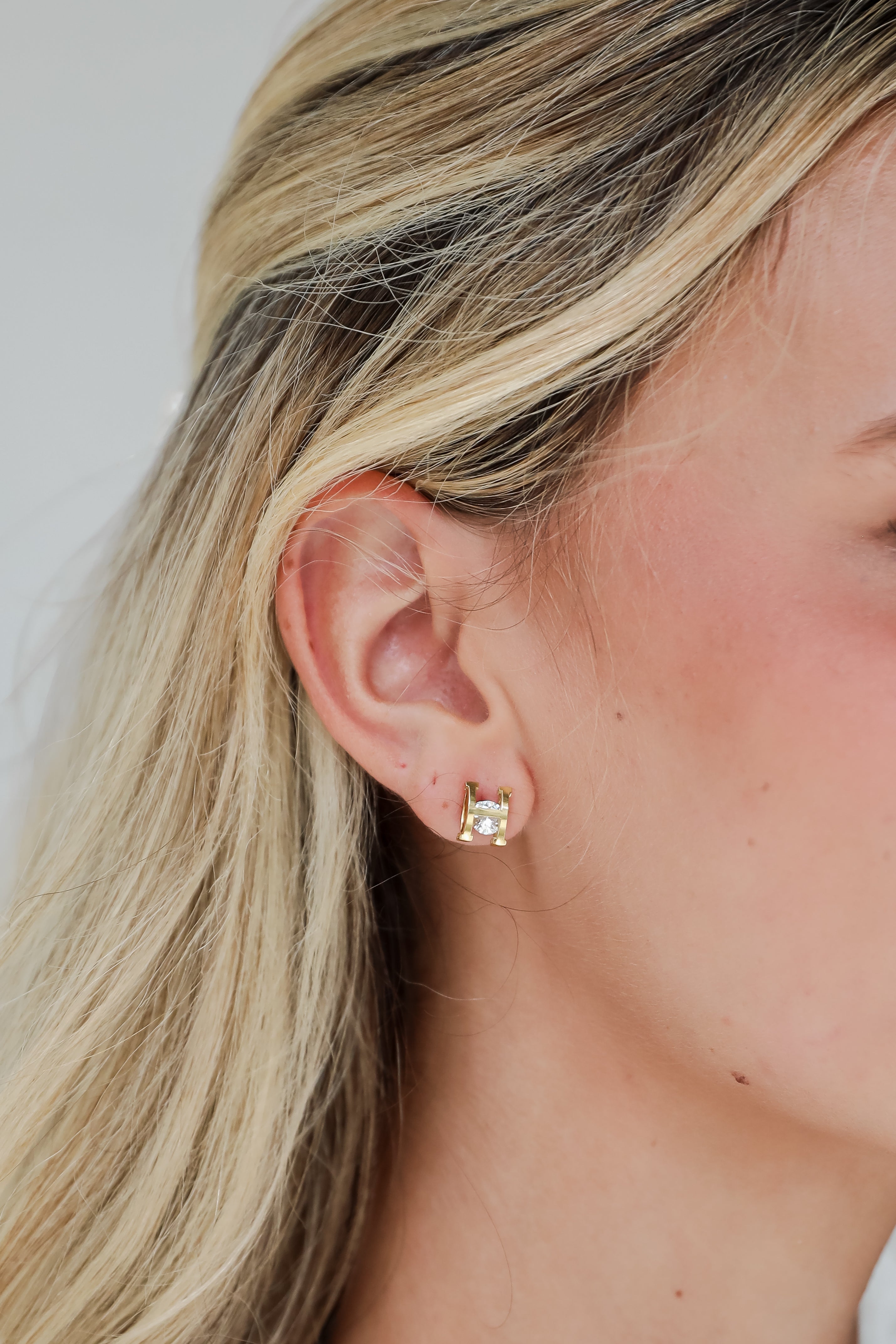 Hayley Gold &quot;H&quot; Rhinestone Stud Earrings