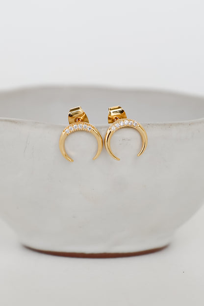 Gold Rhinestone Crescent Horn Stud Earrings