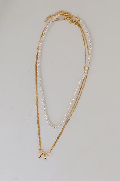 Allison Gold Pearl Bow Charm Layered Necklace