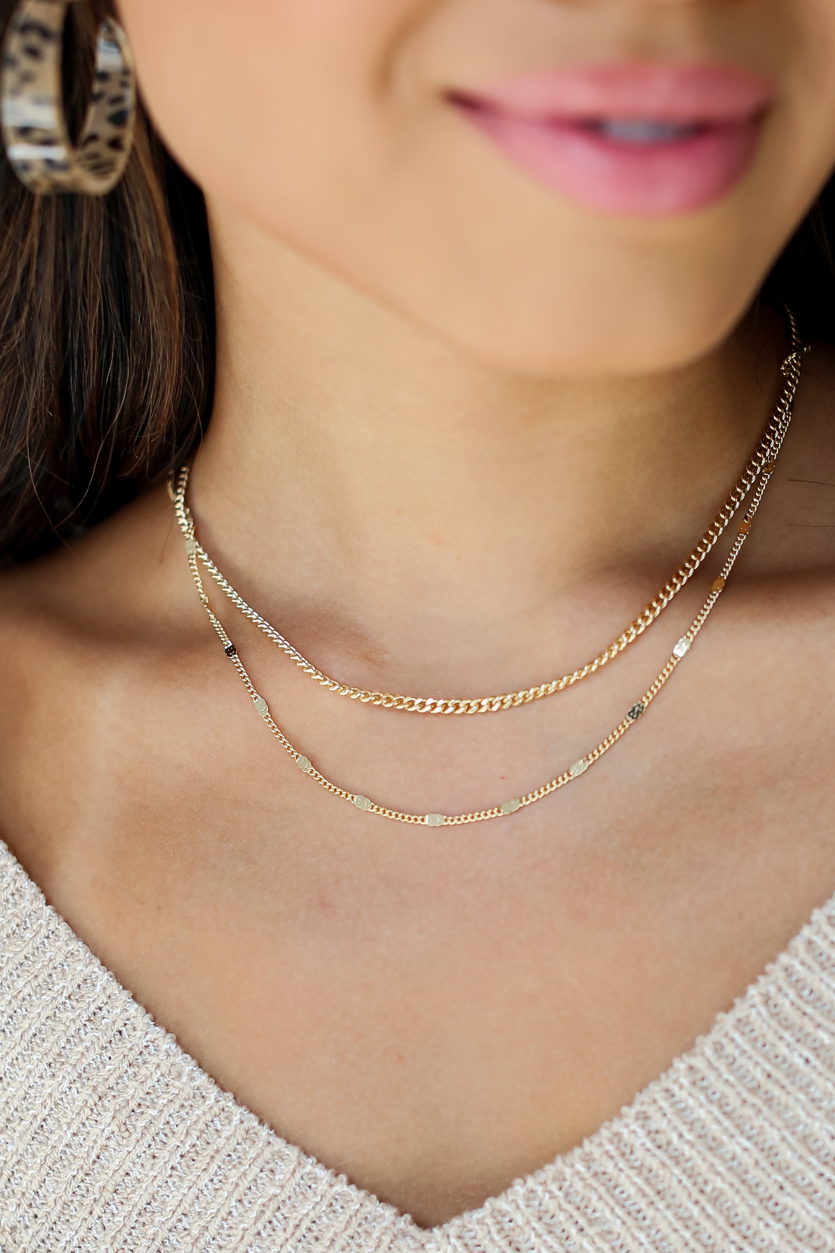 Gold Layered Chain Necklace on model