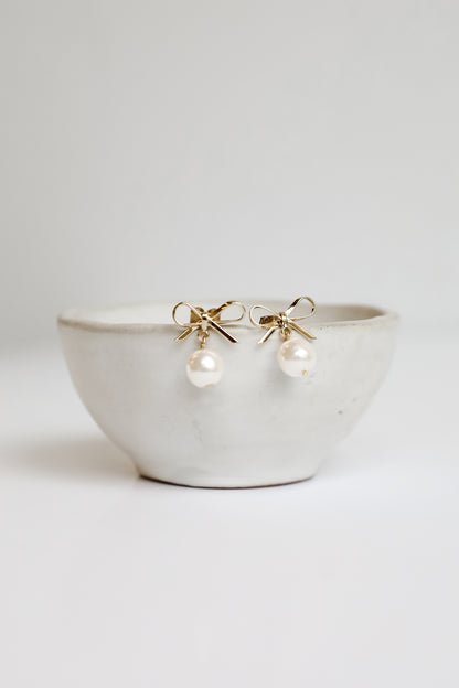 Daphne Gold Pearl Bow Stud Earrings