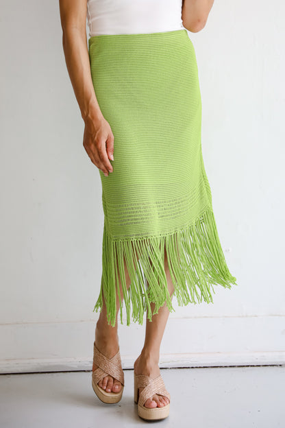 Lime Knit Fringe Midi Skirt