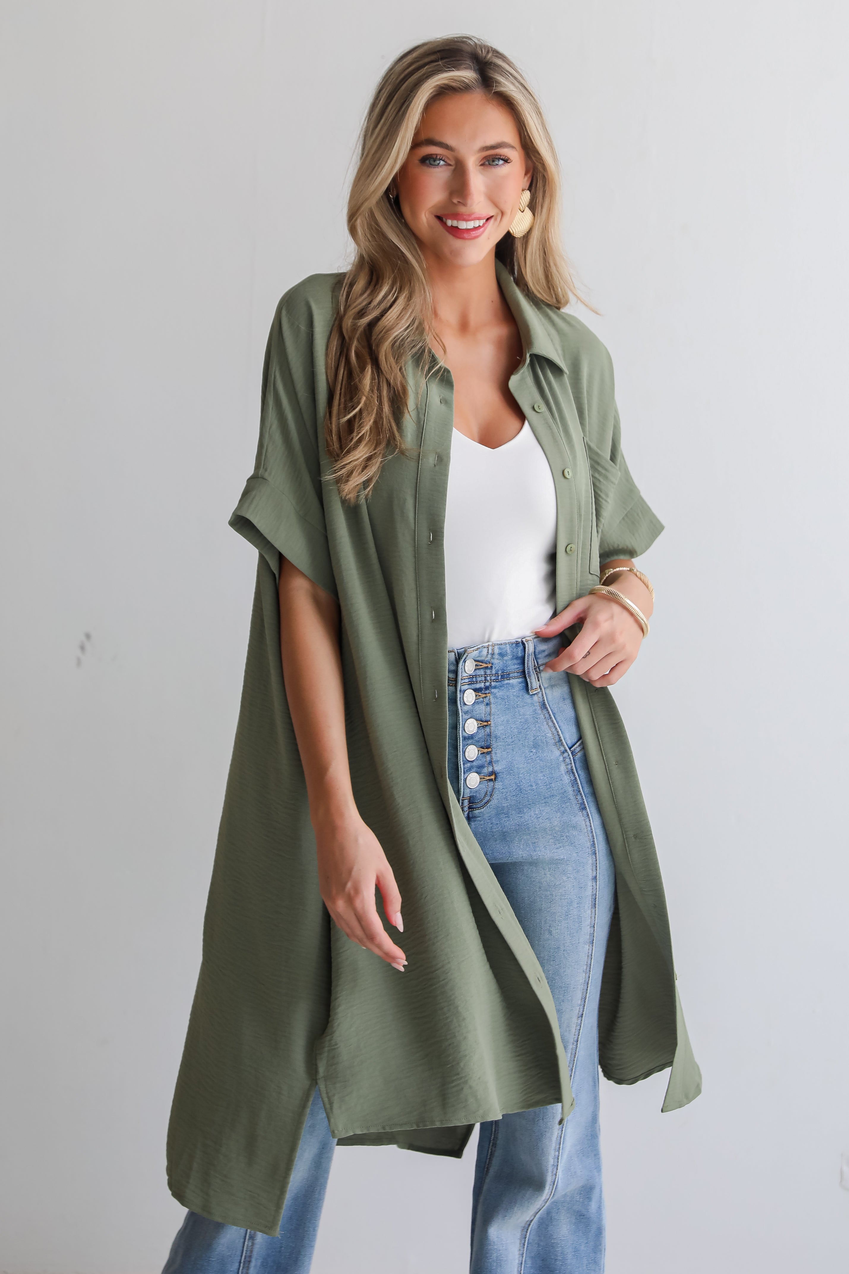 Composed Persona Green Button Front Midi Dress