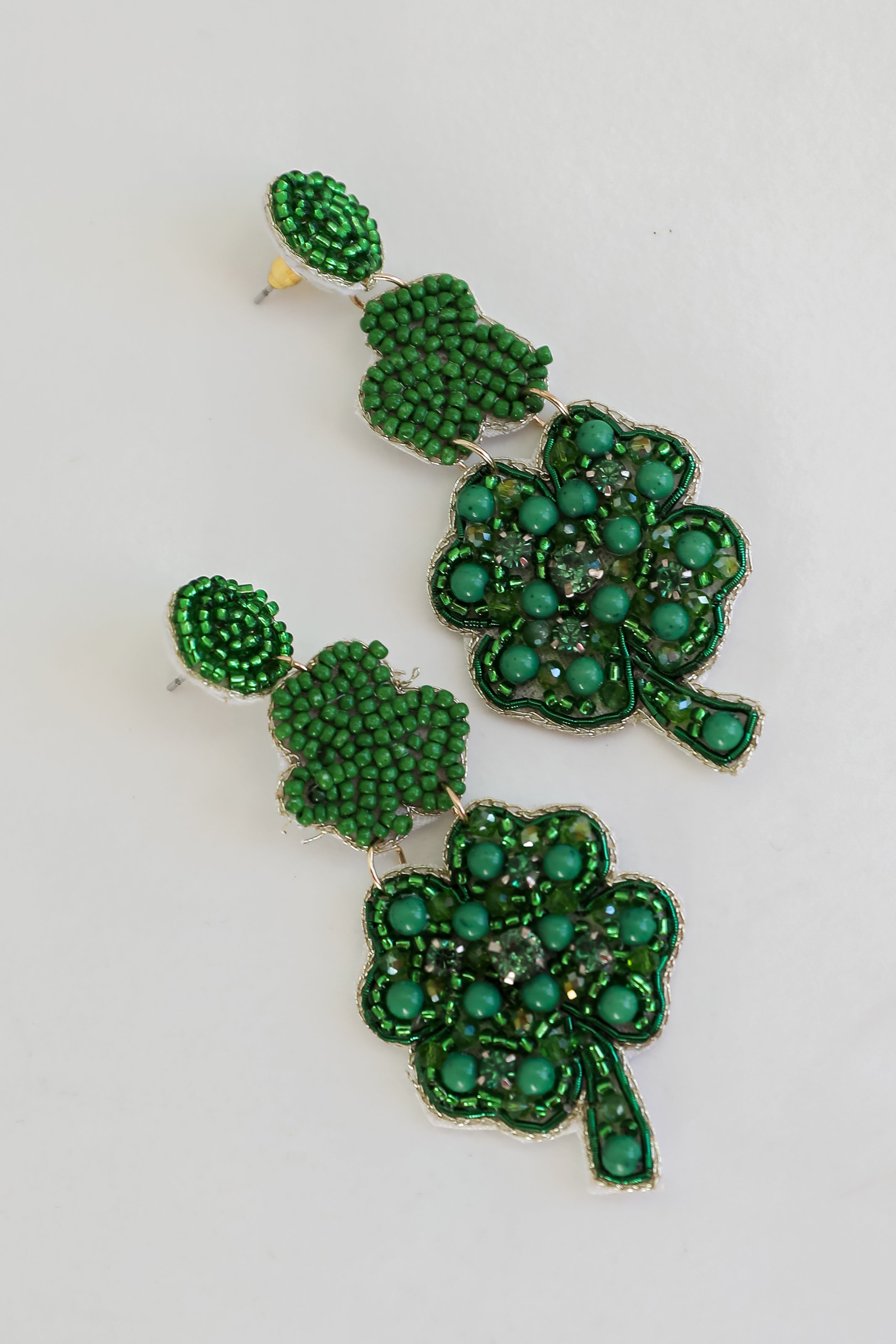 Green Beaded Four Leaf Clover Drop Earrings