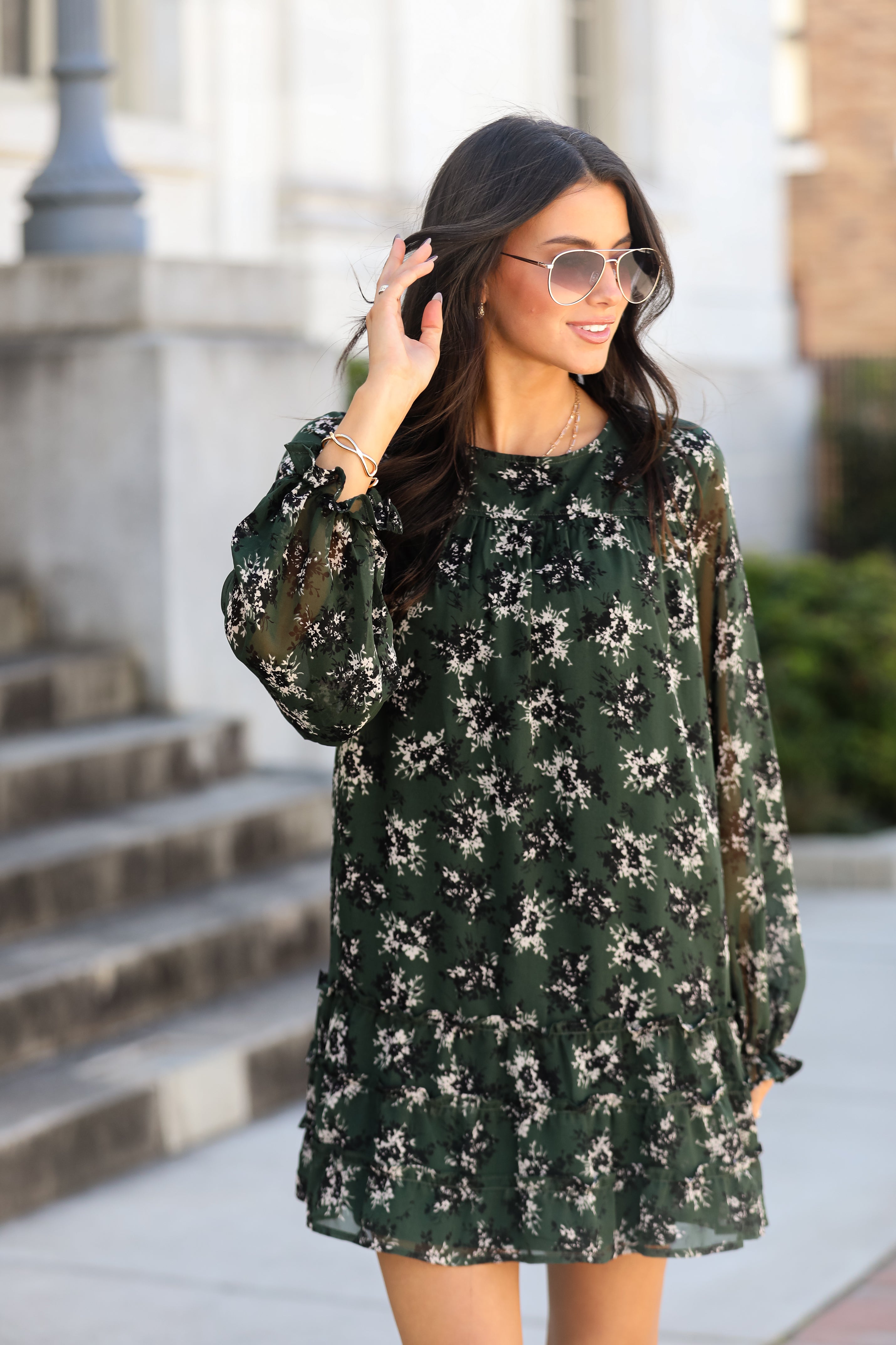 Adorably Flirty Hunter Green Floral Mini Dress