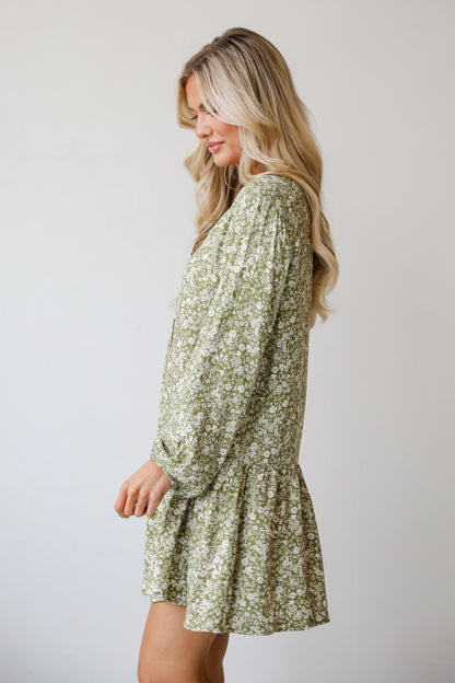 cute Light Olive Floral Mini Dress