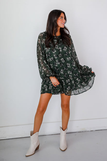 Adorably Flirty Hunter Green Floral Mini Dress