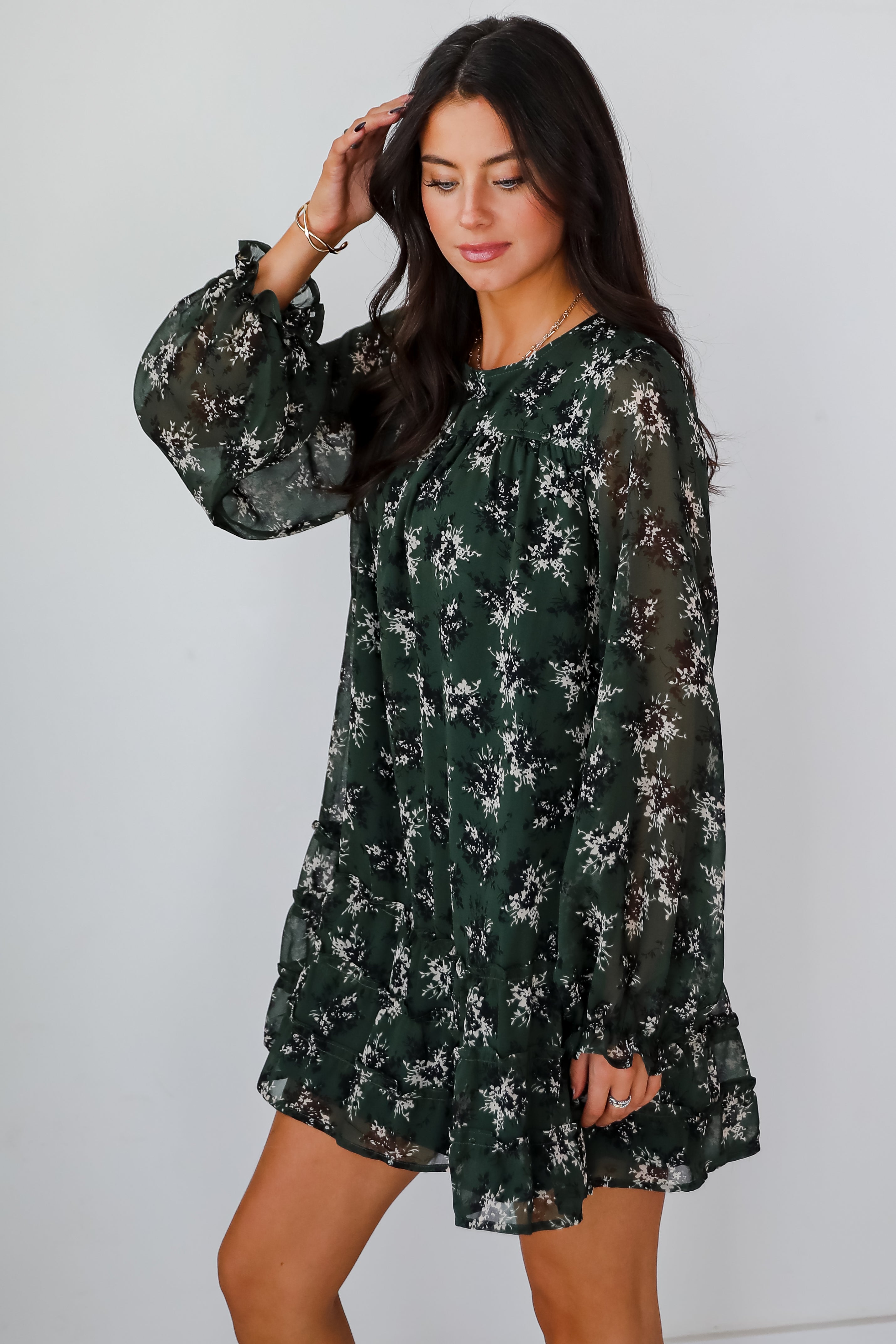 Adorably Flirty Hunter Green Floral Mini Dress