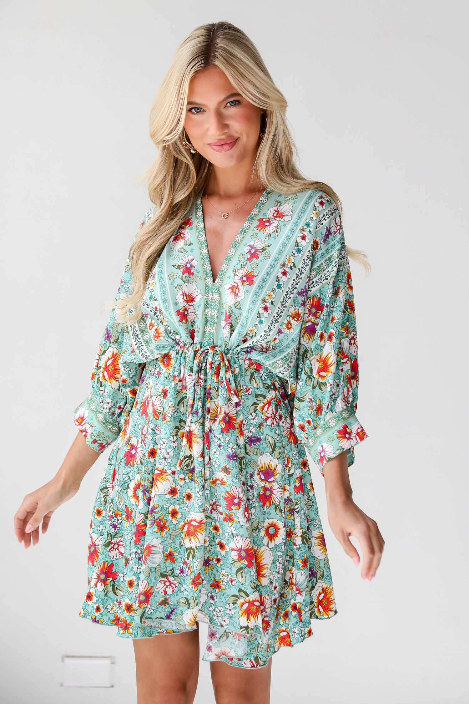 womens green Floral Mini Dress