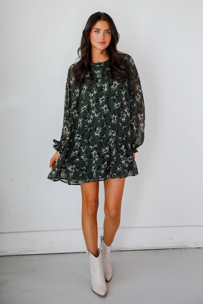 Adorably Flirty Hunter Green Floral Mini Dress