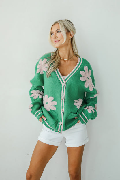 Luxe Cuteness Green Floral Sweater Cardigan