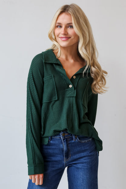 Hunter Green Waffle Knit Henley Top on model