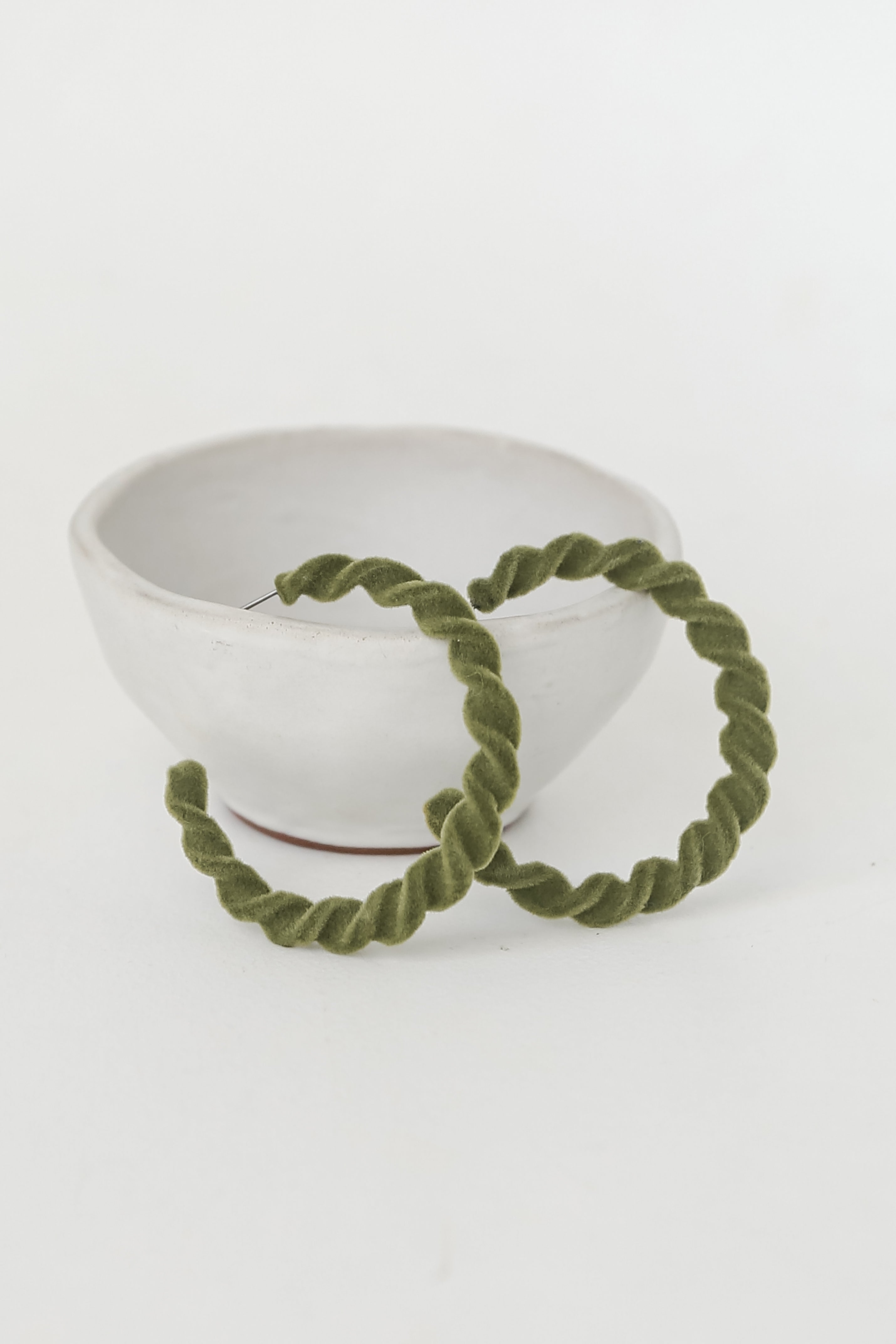 Olive Velvet Twisted Hoop Earrings close up