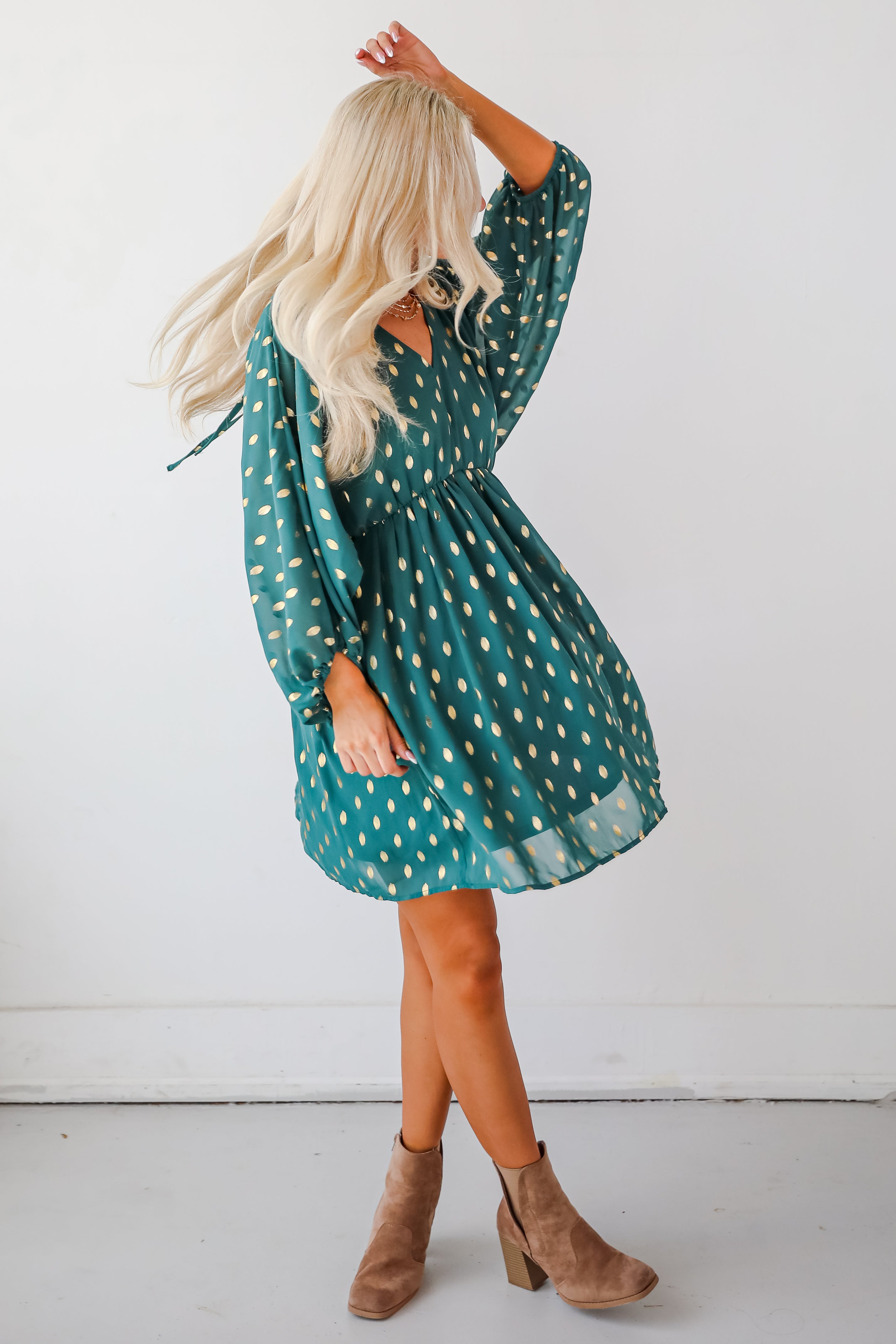 Gorgeous Favorite Hunter Green Dotted Babydoll Mini Dress