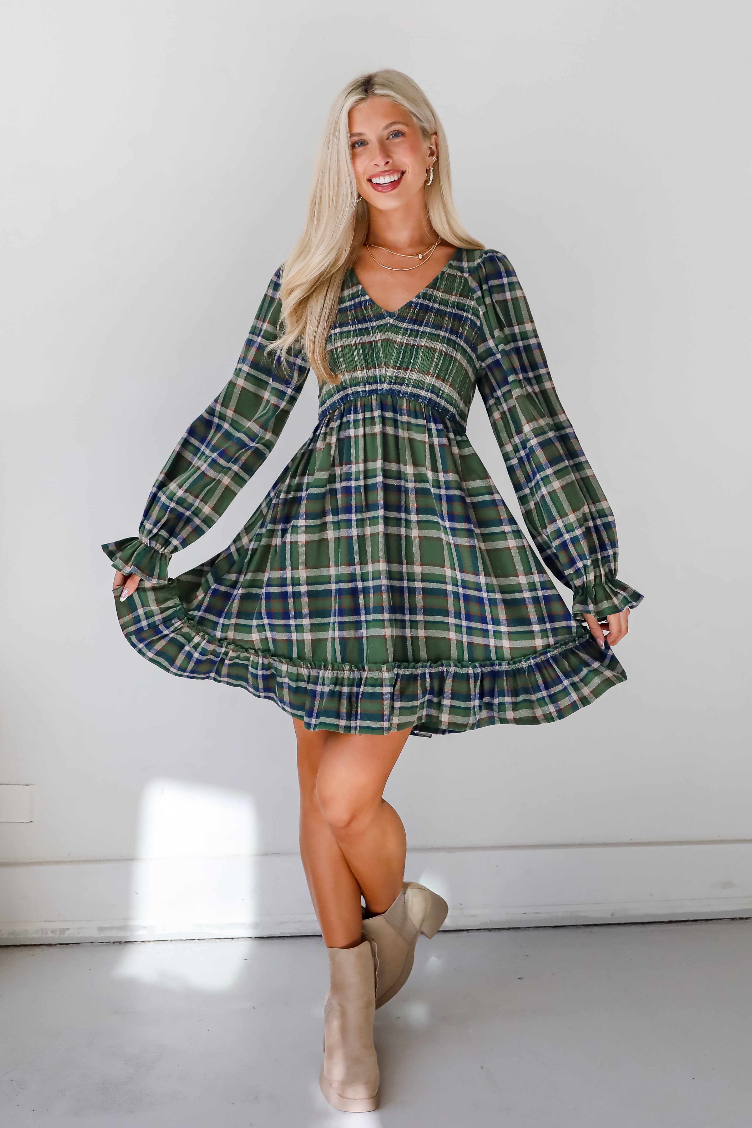 Ideal Attraction Green Plaid Mini Dress