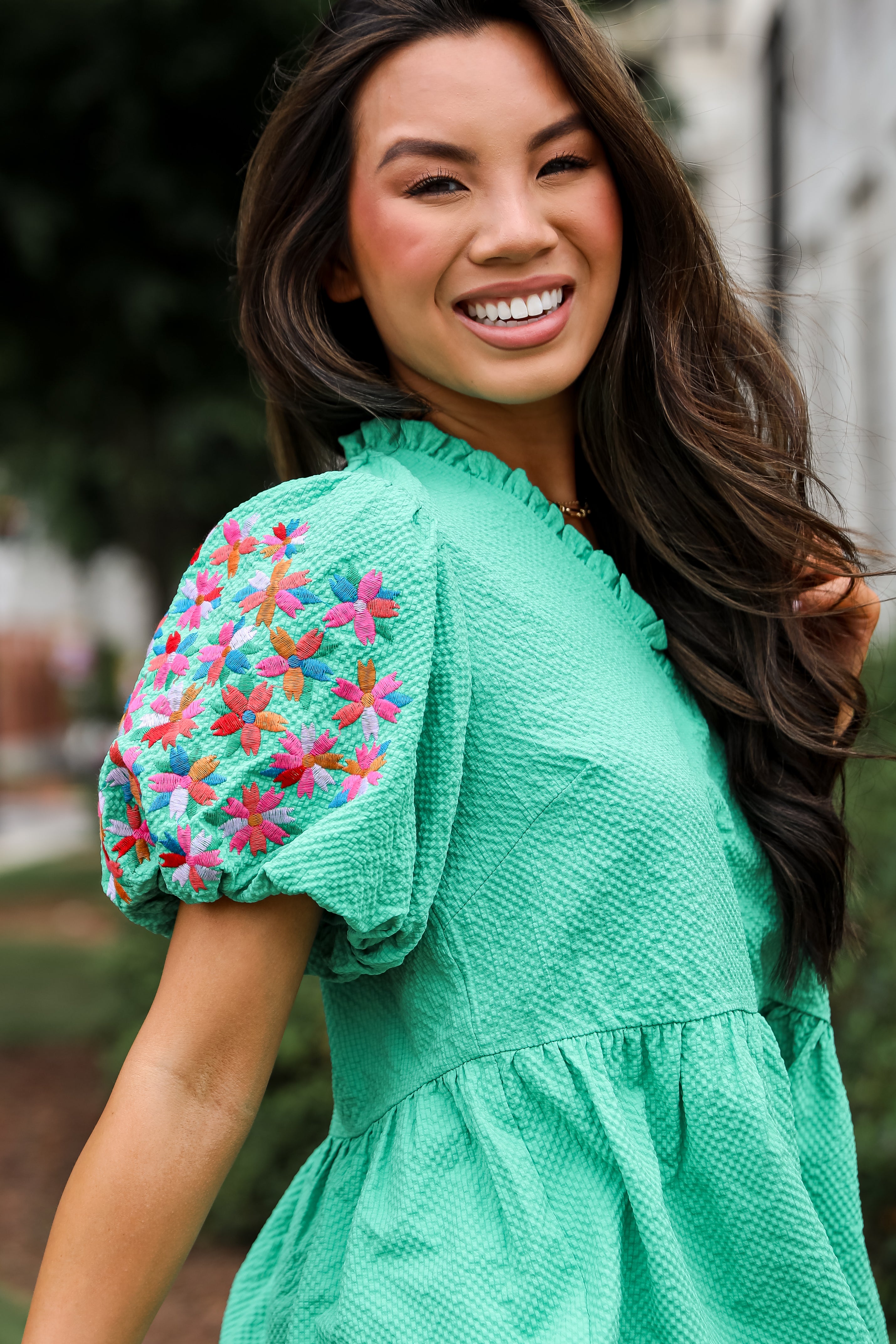 Cute Status Green Puff Sleeve Babydoll Blouse