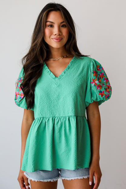 Cute Status Green Puff Sleeve Babydoll Blouse