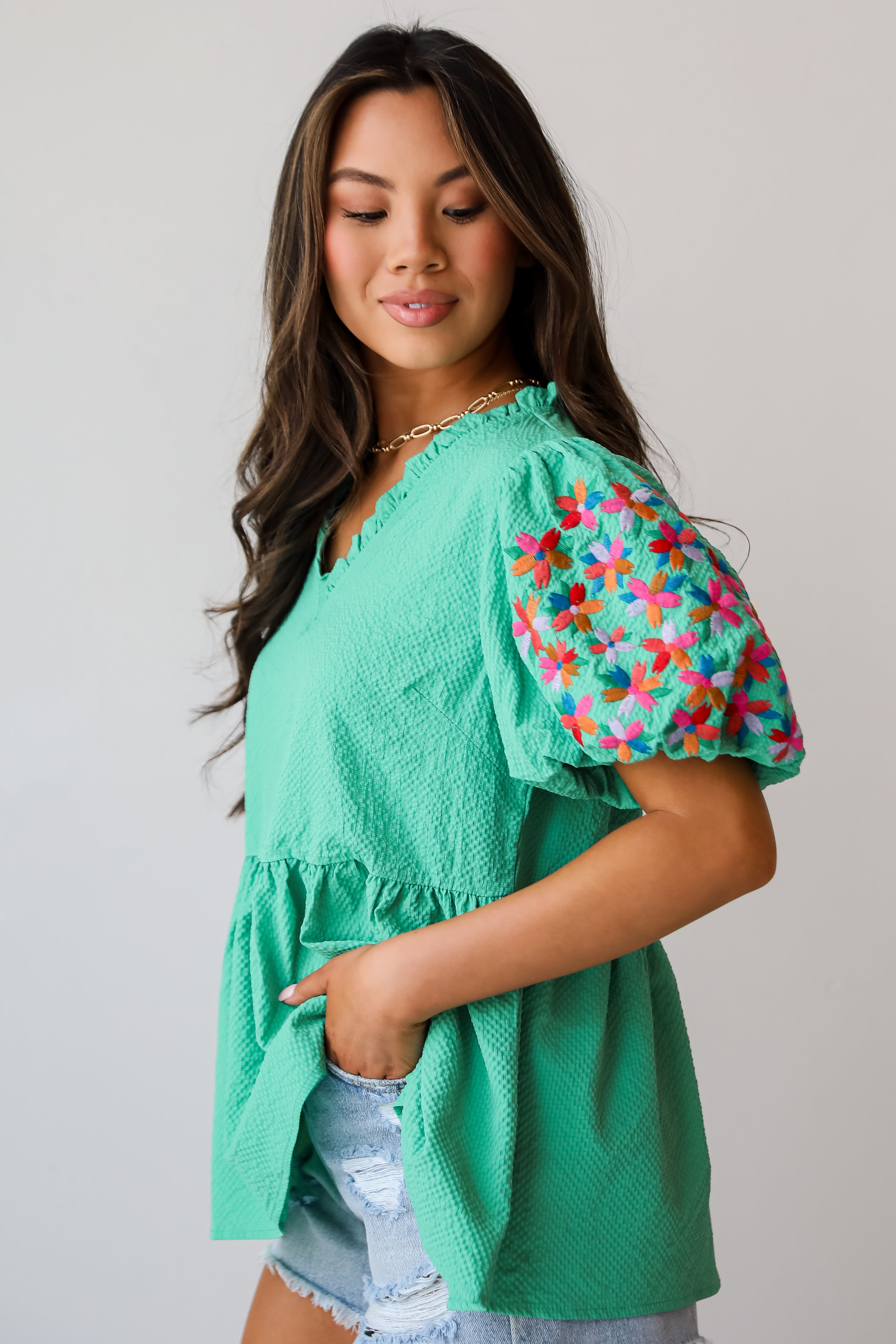 Cute Status Green Puff Sleeve Babydoll Blouse