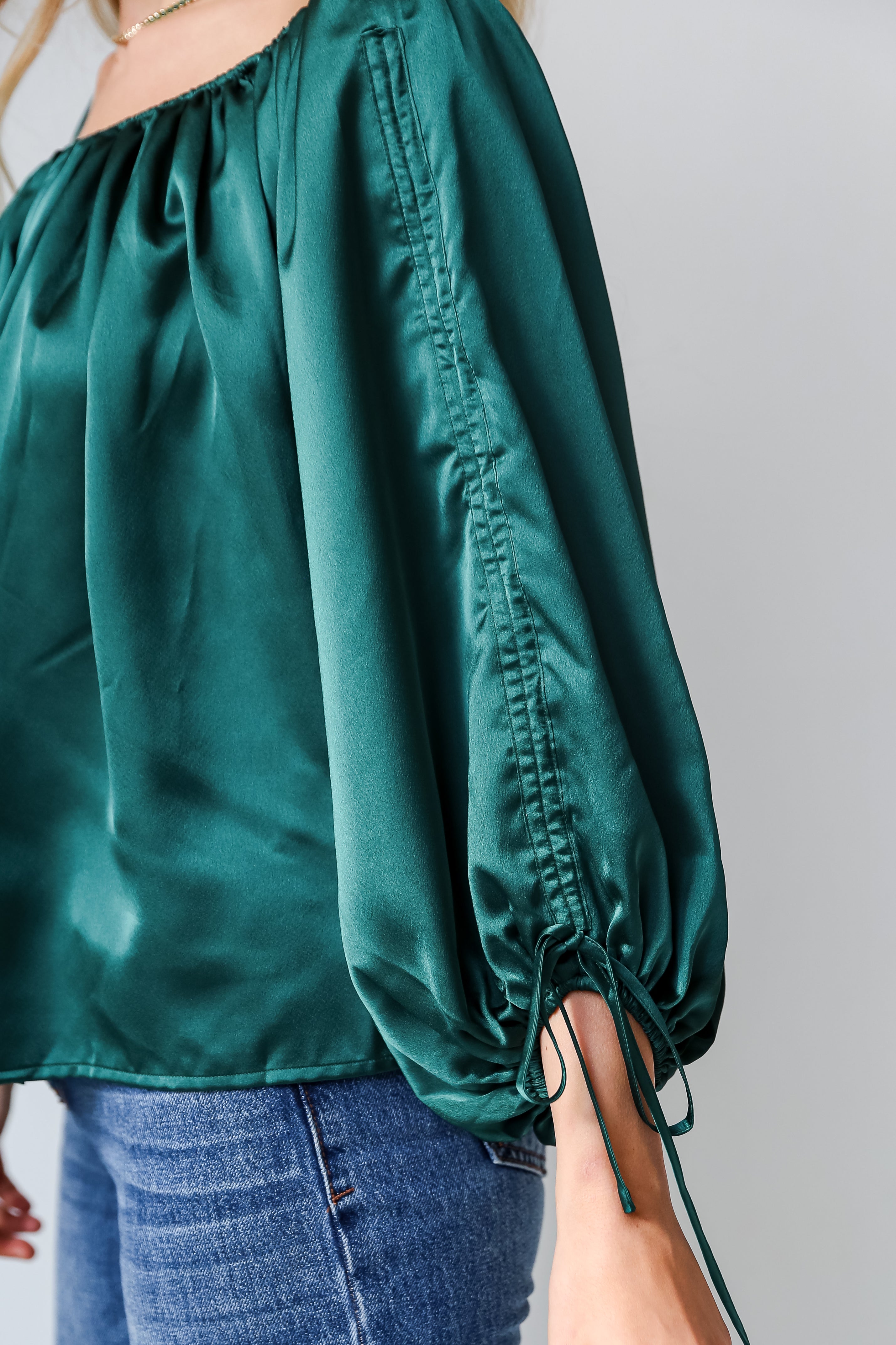 Hunter Green Satin Blouse close up