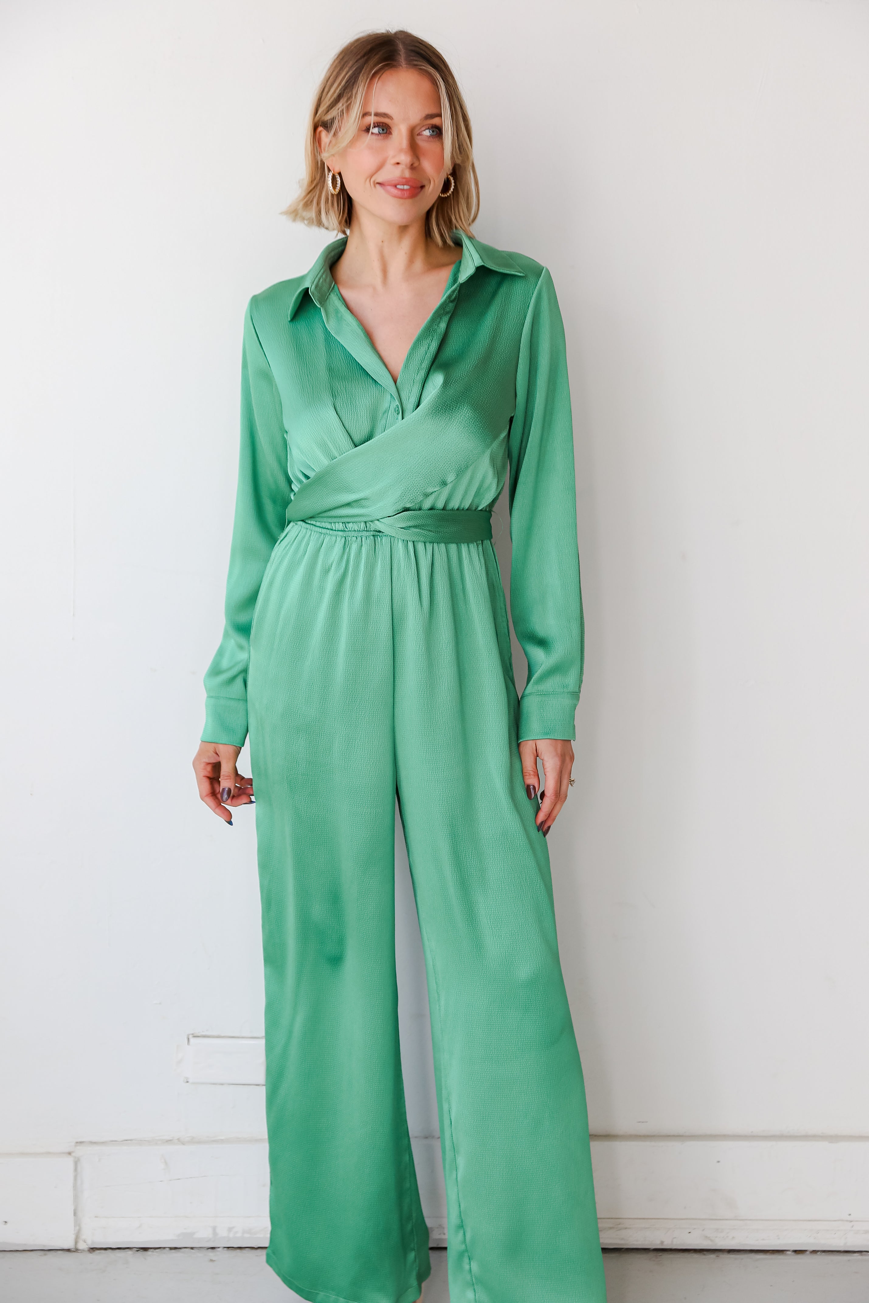 green satin  jumpsuit