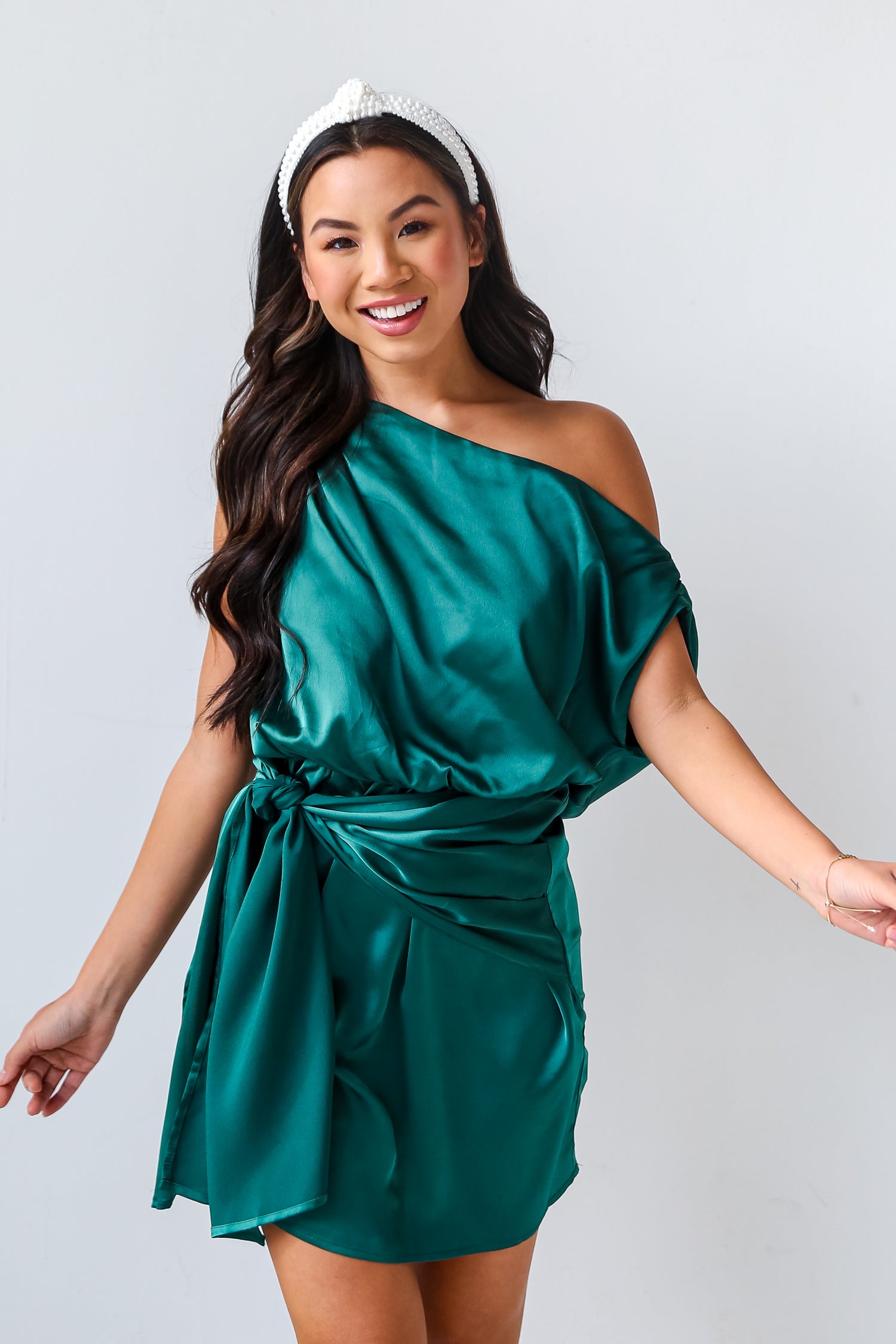 Hunter Green Satin Mini Dress front view