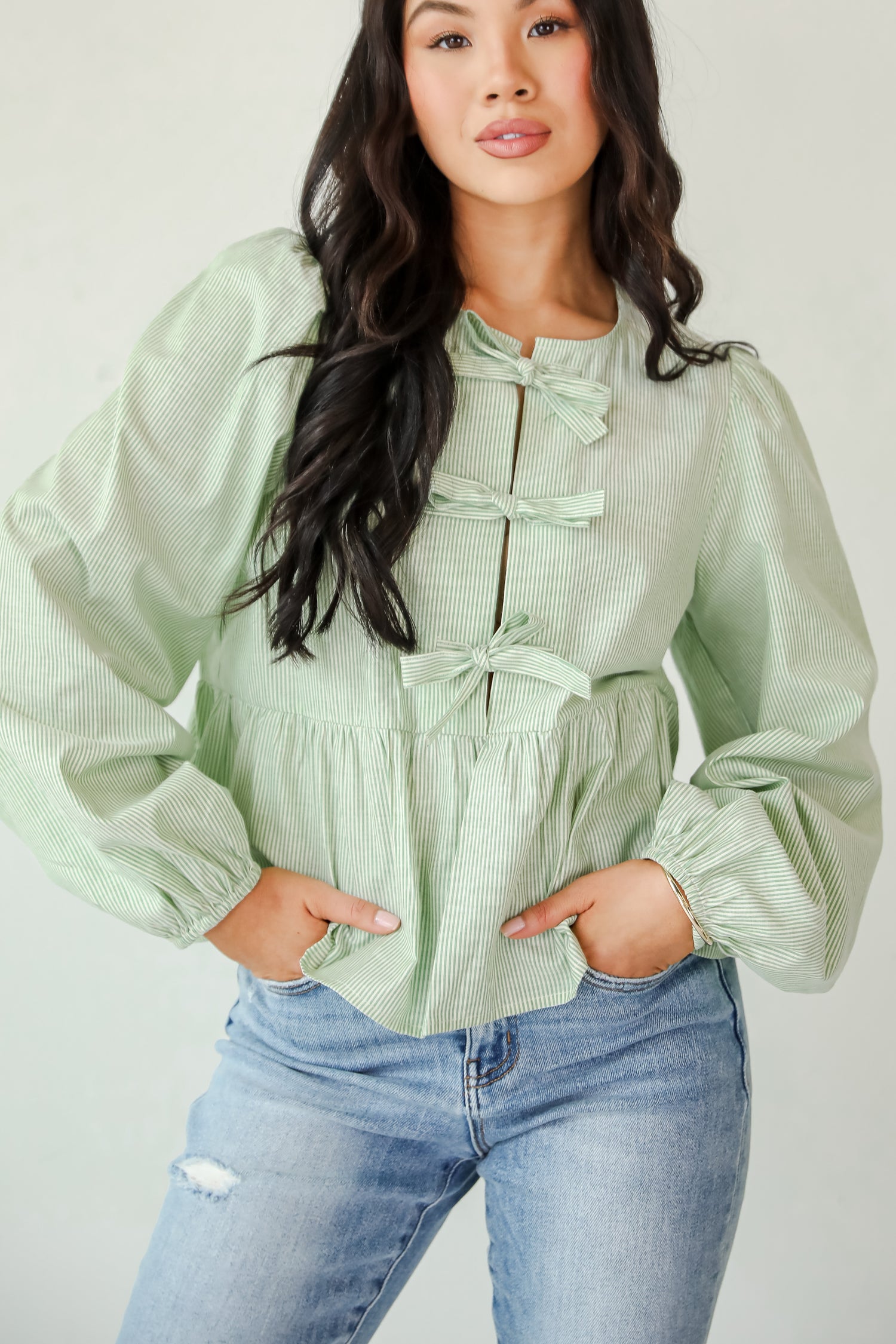 Significant Sweetie Green Striped Bow Blouse