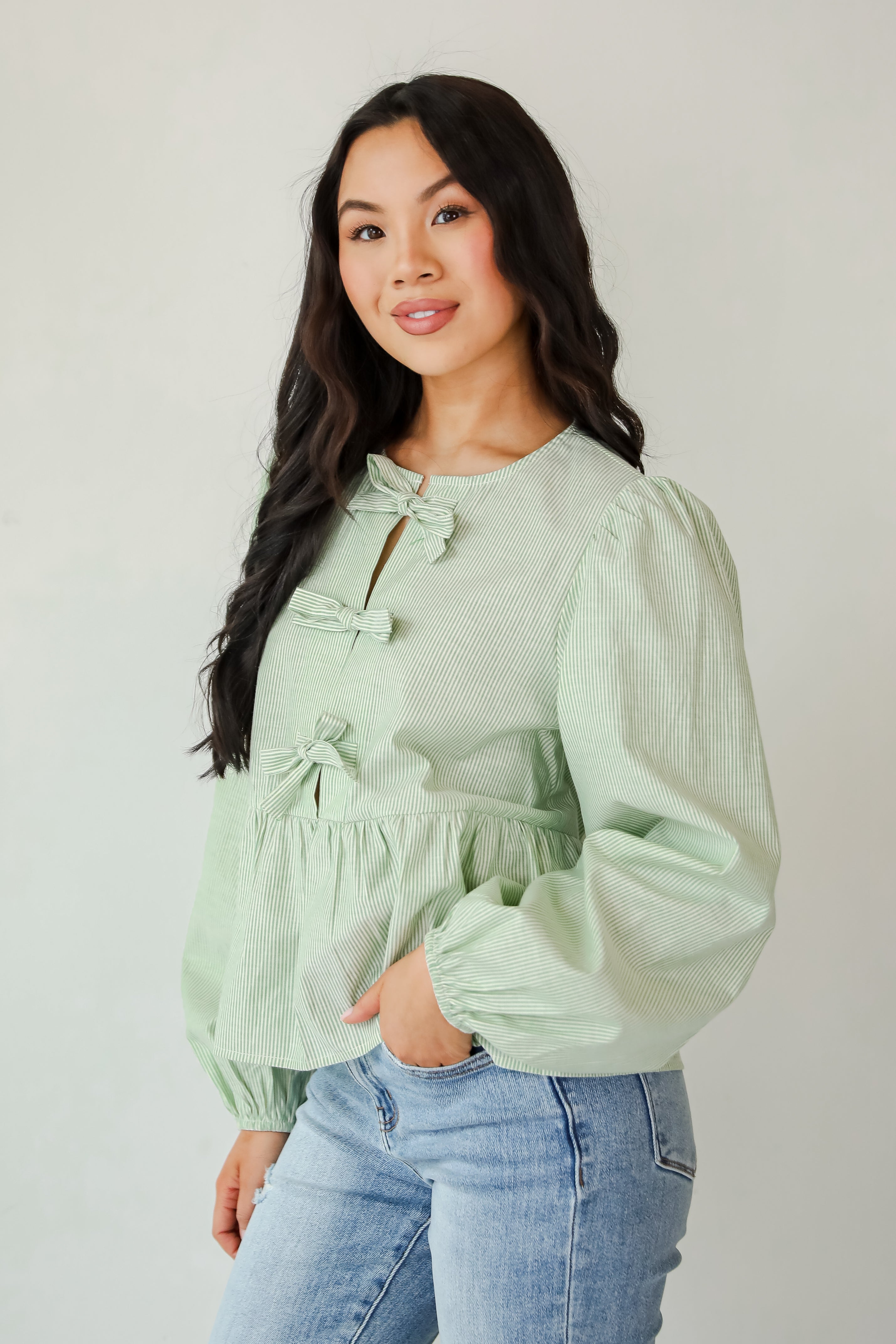 Significant Sweetie Green Striped Bow Blouse