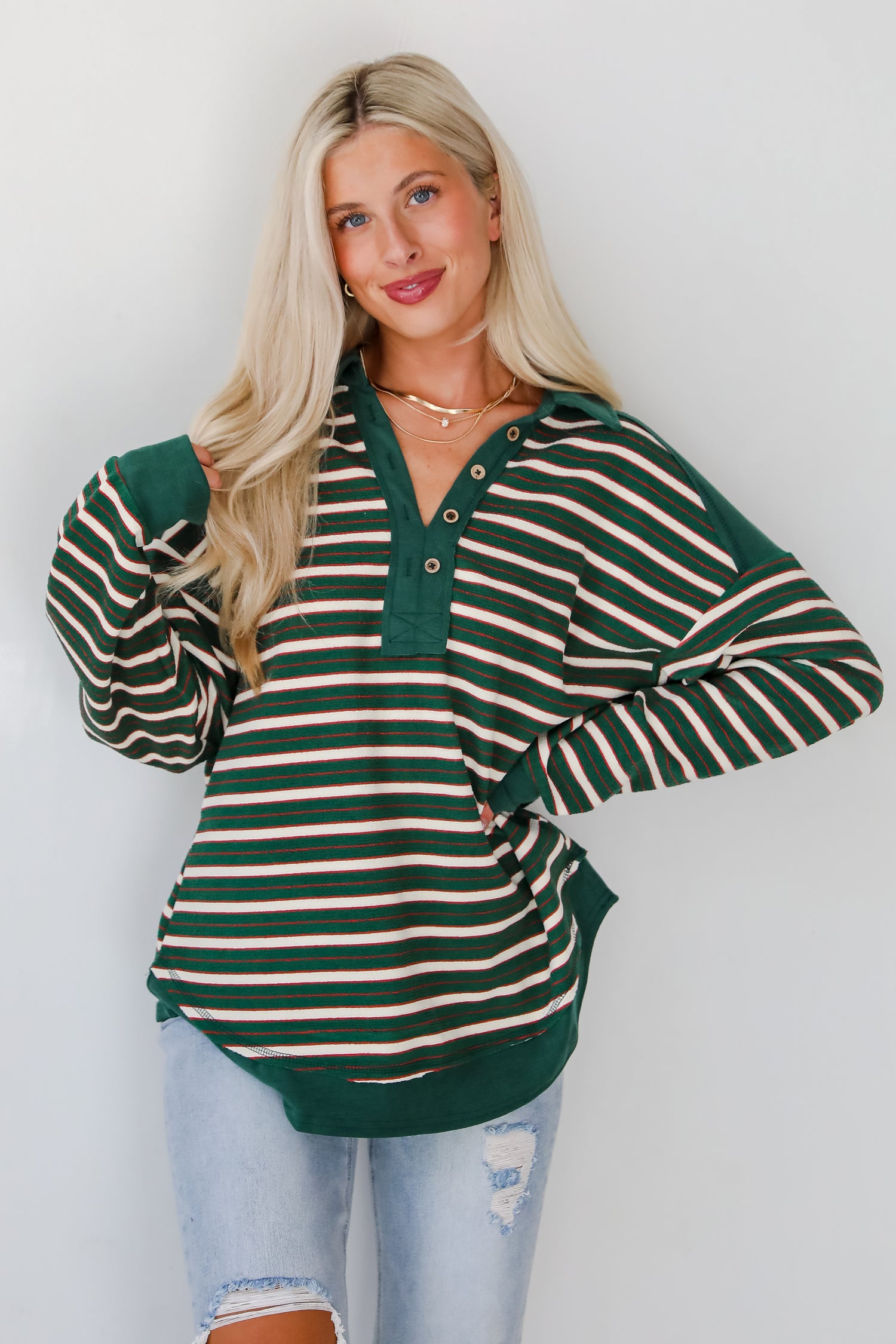 Confirmed Vibe Hunter Green Striped Collared Top