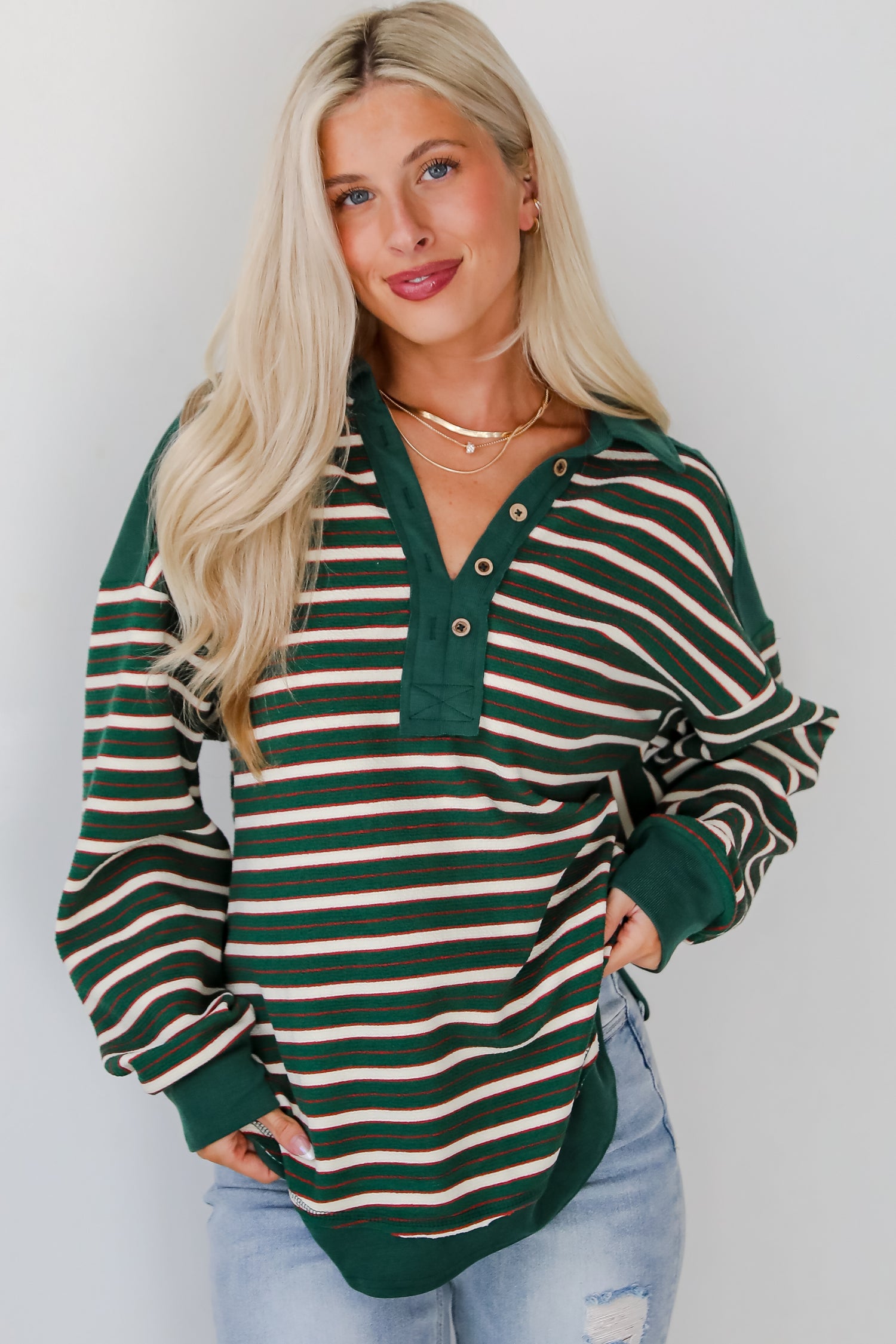 Confirmed Vibe Hunter Green Striped Collared Top