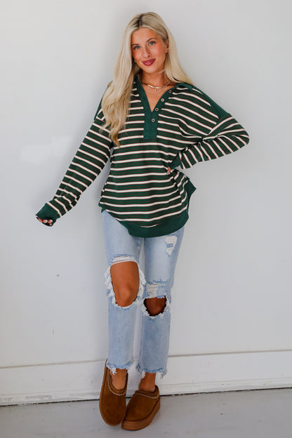 Confirmed Vibe Hunter Green Striped Collared Top