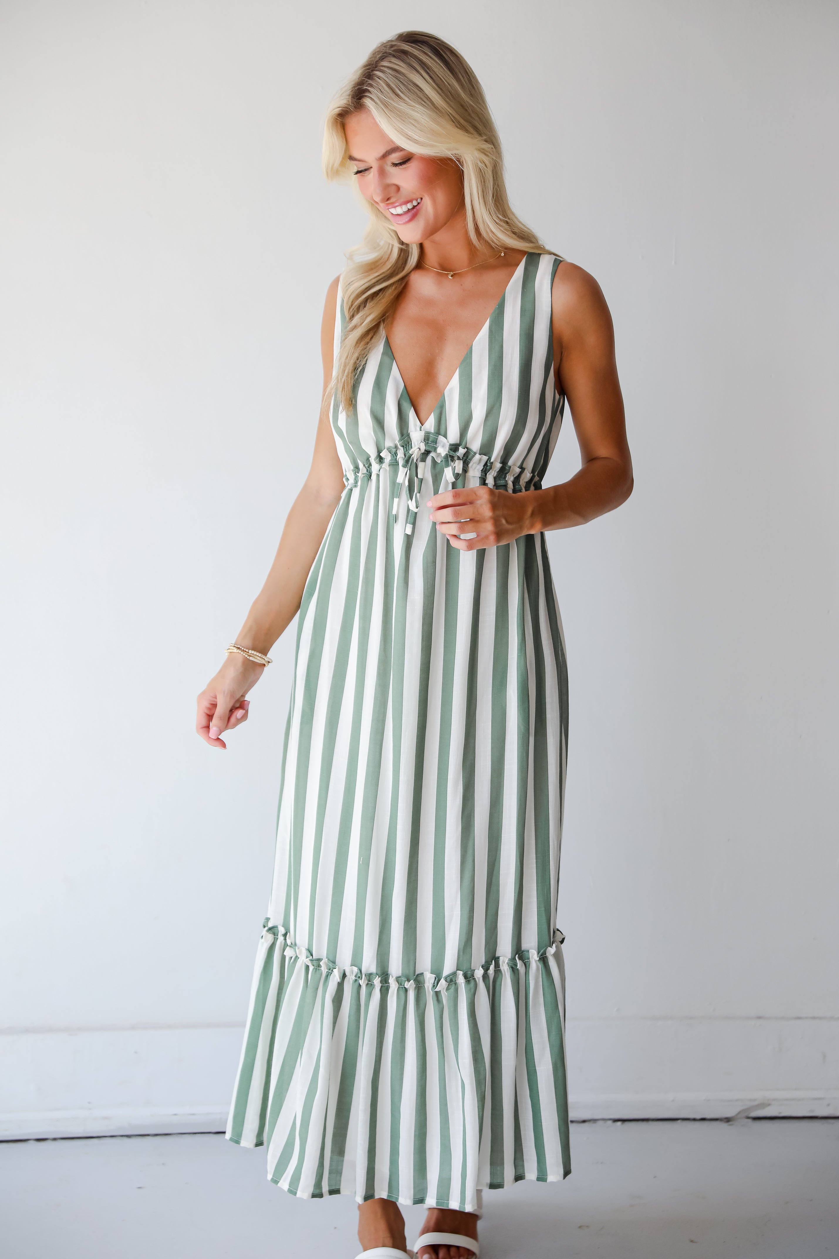 Sophisticated Composure Green Striped Maxi Dress