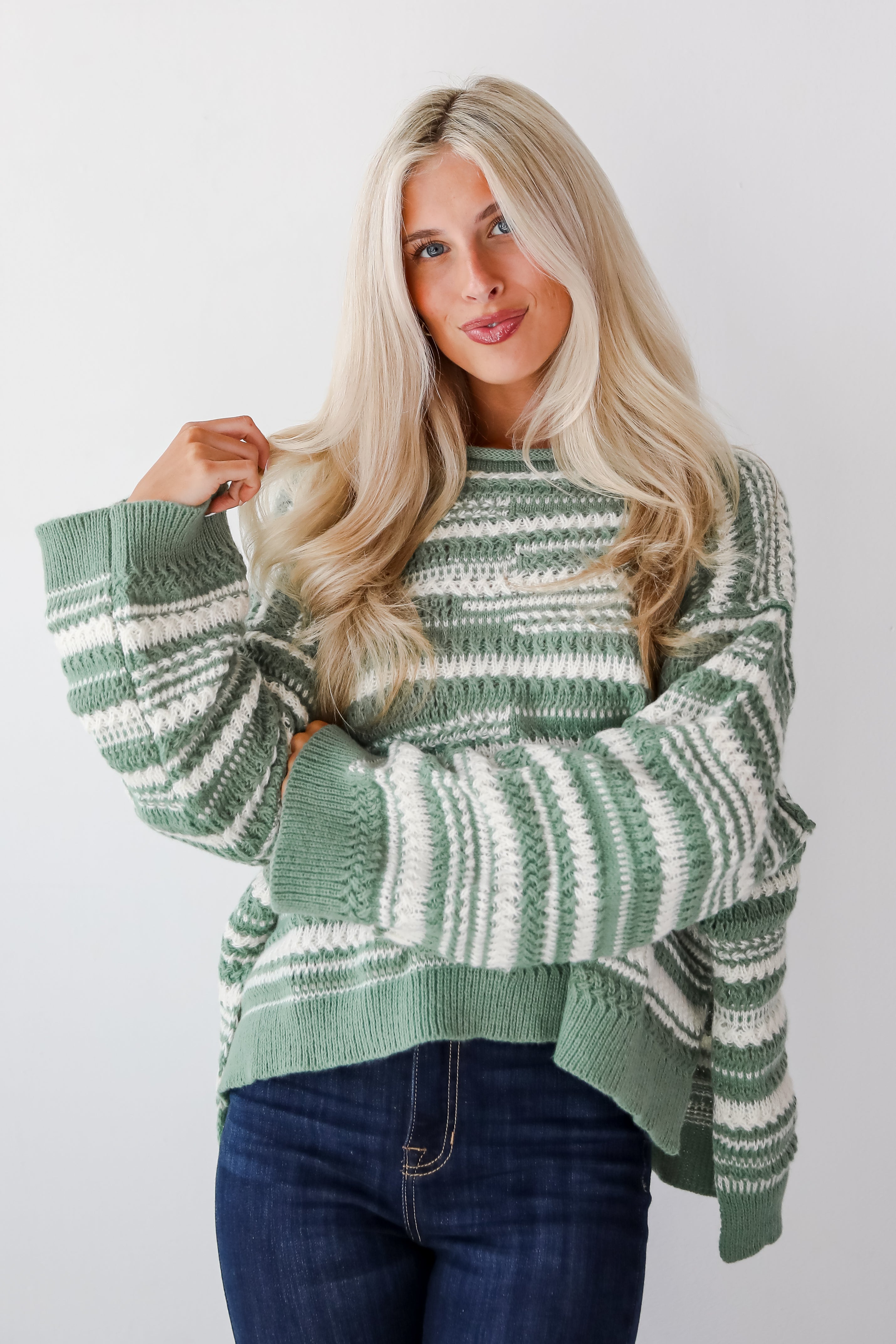 Cozy Conclusion Green Striped Sweater