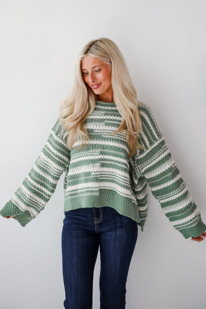 Cozy Conclusion Green Striped Sweater