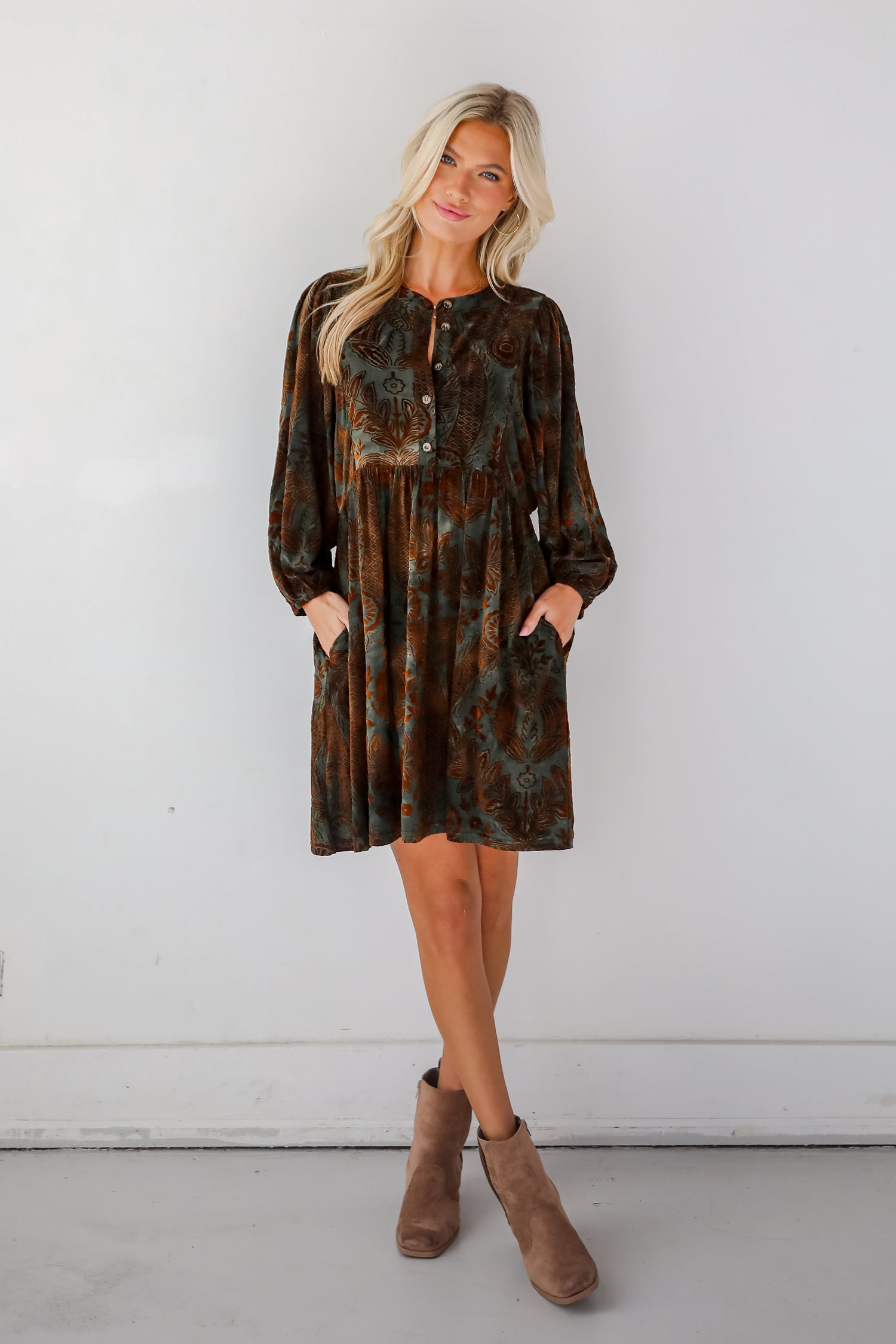 Gorgeous Whimsy Dark Green Velvet Floral Mini Dress