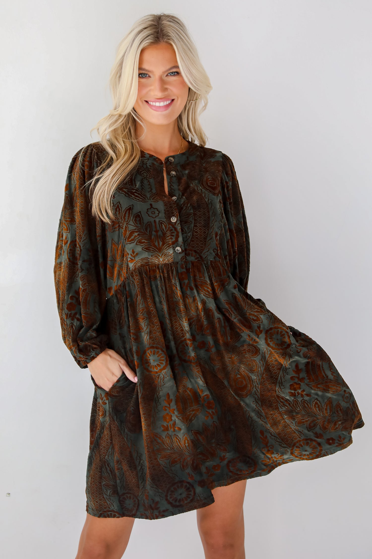 Gorgeous Whimsy Dark Green Velvet Floral Mini Dress