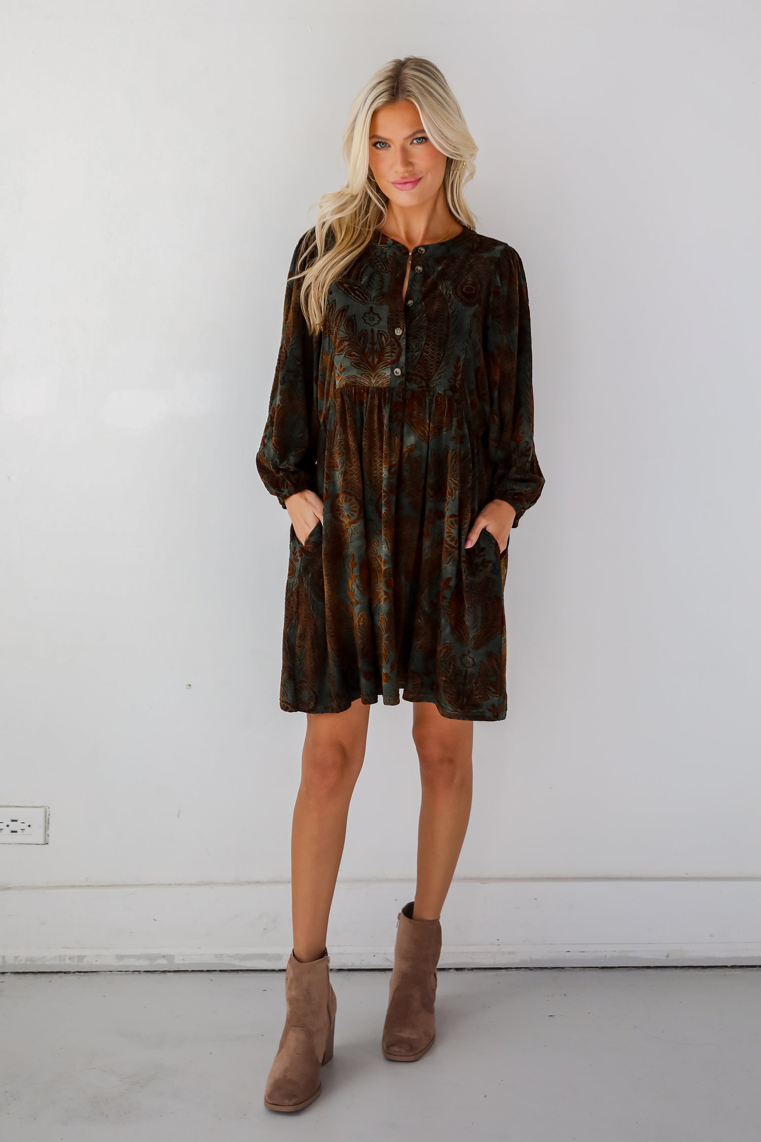 Gorgeous Whimsy Dark Green Velvet Floral Mini Dress