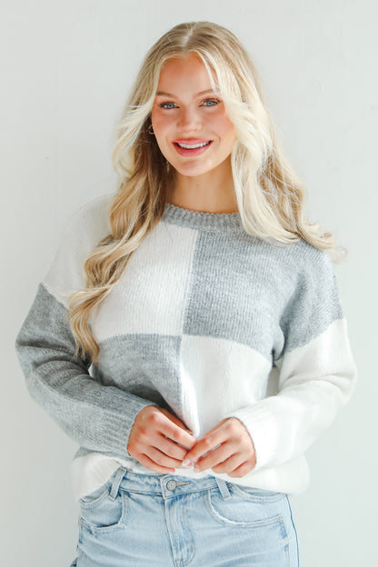 Winter Crush Heather Grey Checkered Sweater