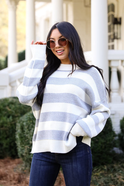 Coveted Coziness Heather Grey Oversized Striped Sweater