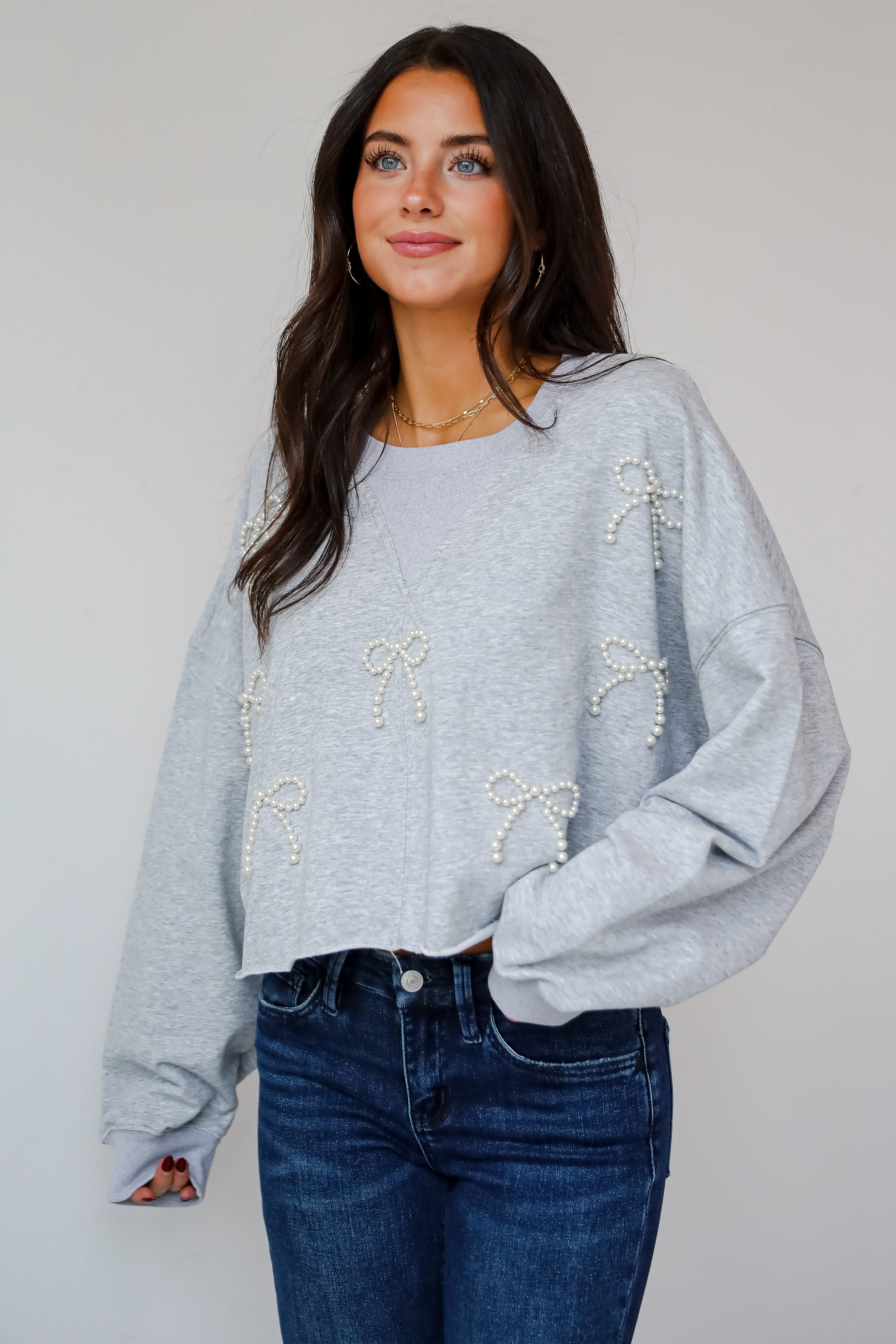 Dazzling Warmth Pearl Bow Cropped Pullover