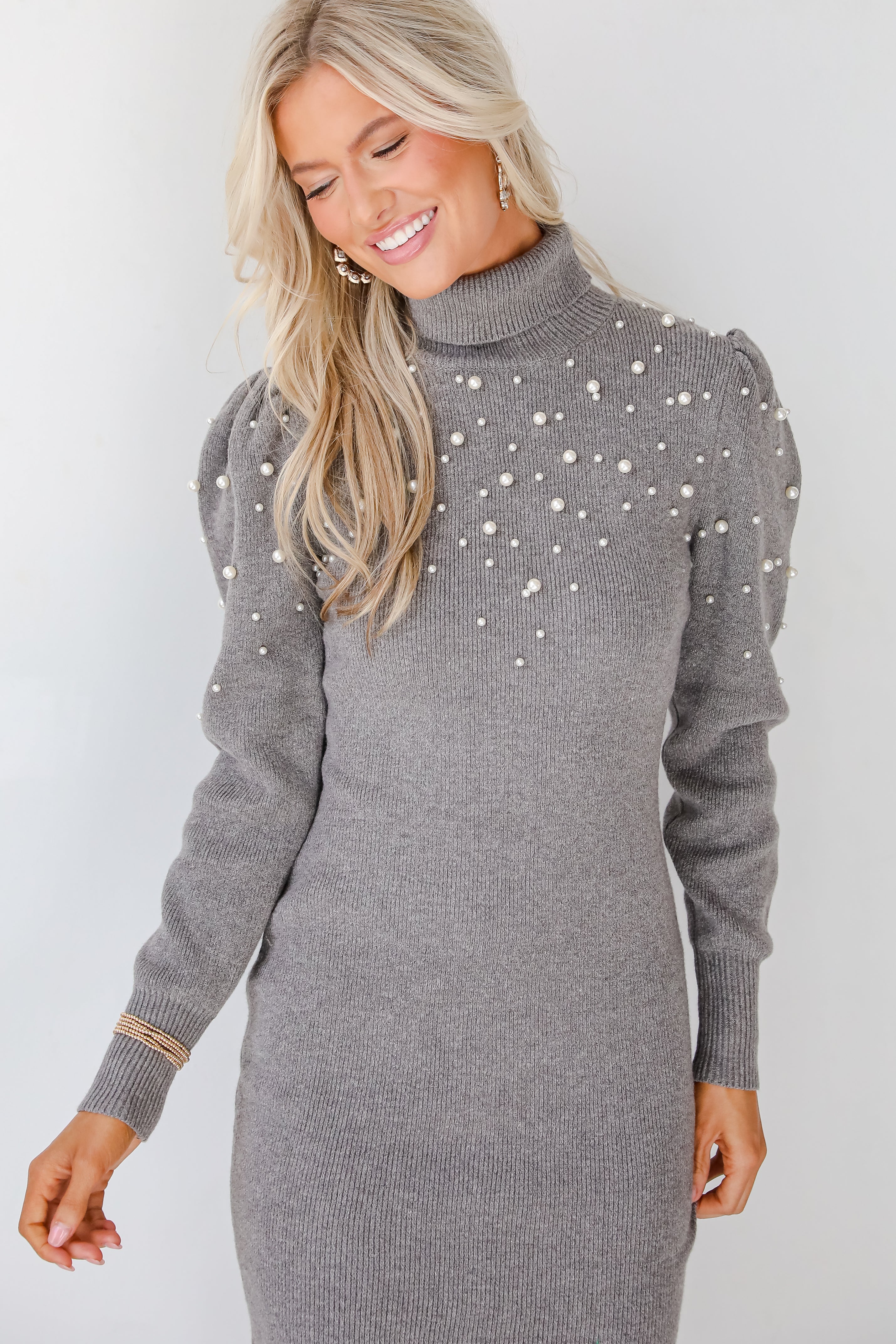 Ravishing Poise Grey Pearl Mini Sweater Dress