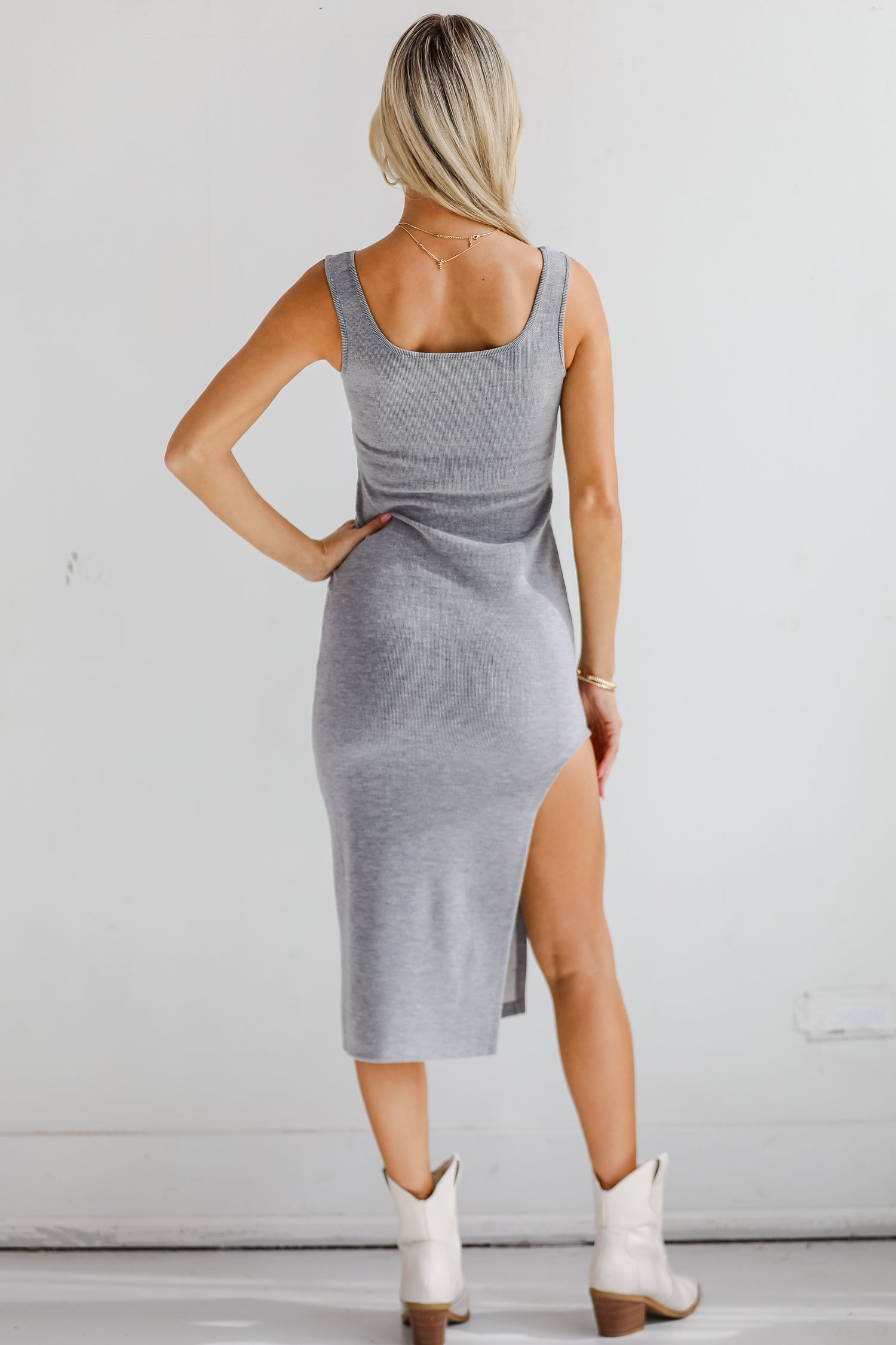 Charmed Vibes Grey Ribbed Knit Midi Dress