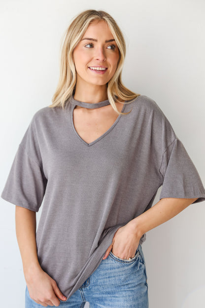 casual Grey Ribbed Cutout Tee