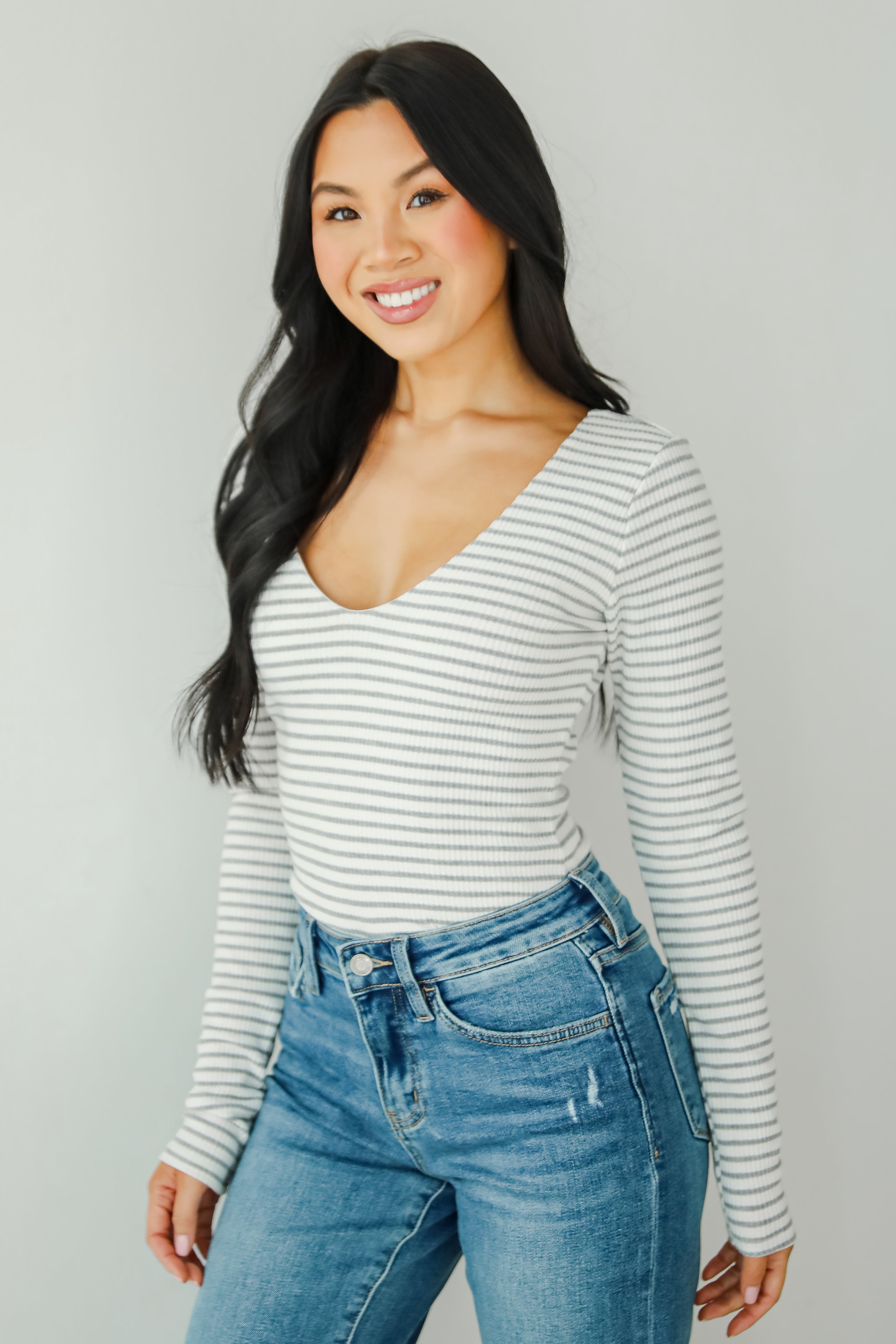 Sweetened Attitude Grey/White Striped Bodysuit