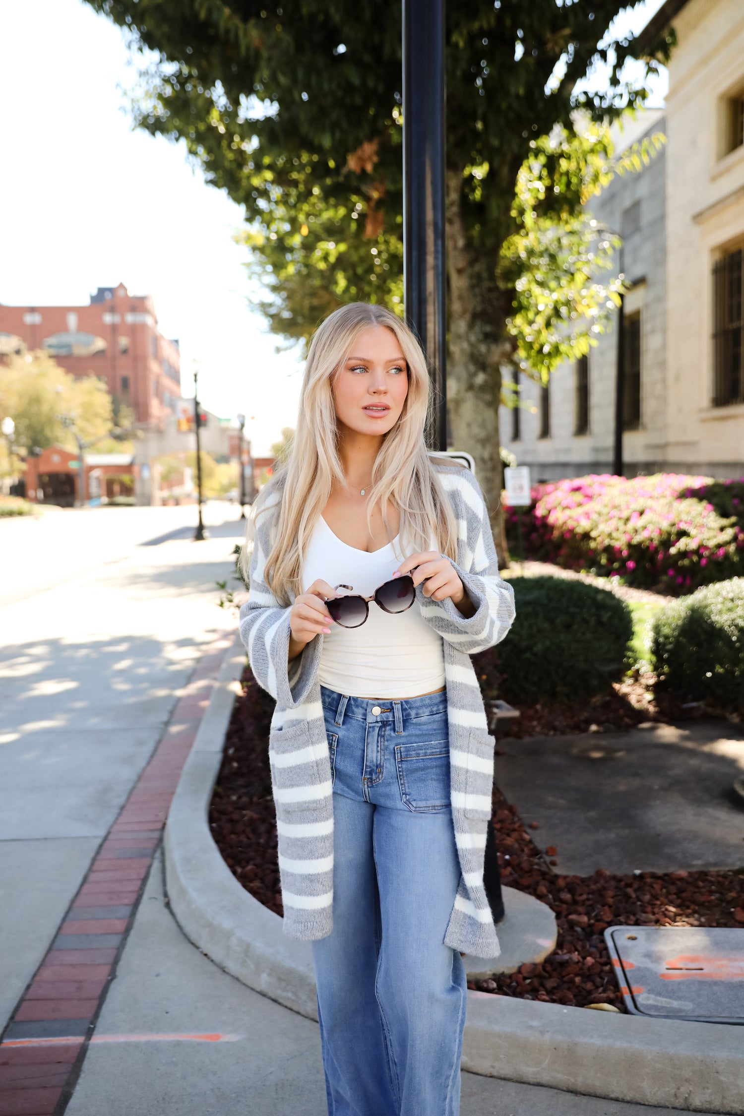 Notably Comfy Heather Grey Striped Longline Sweater Cardigan