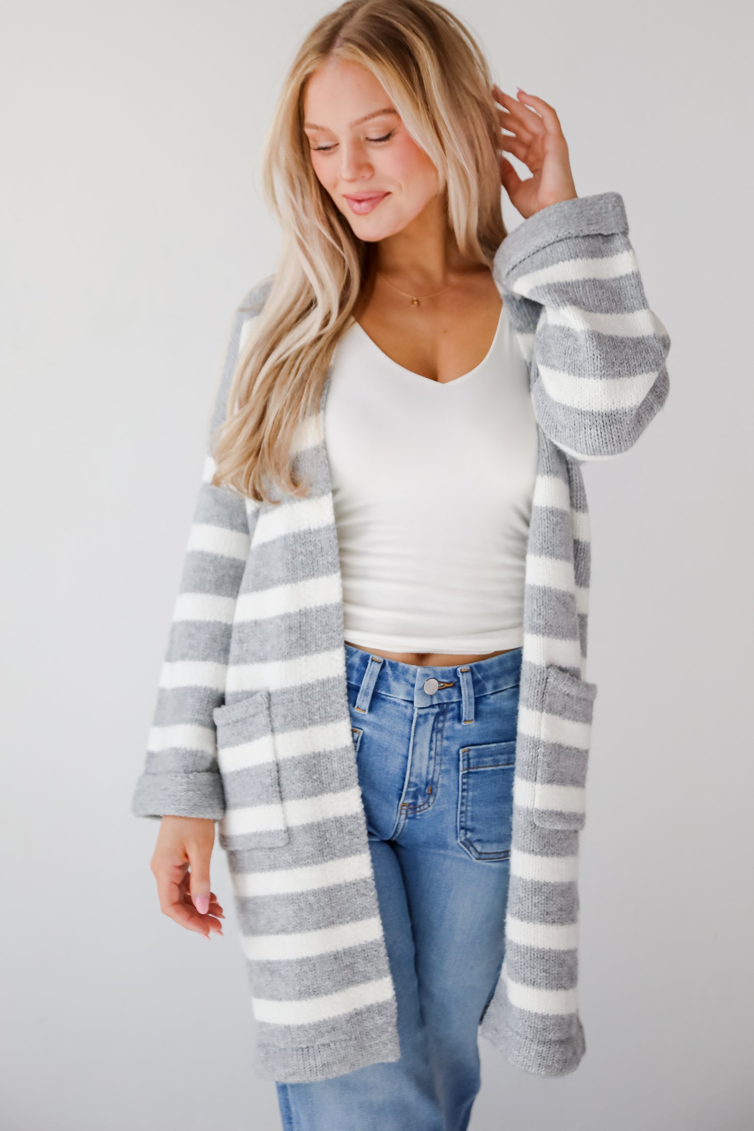 Notably Comfy Heather Grey Striped Longline Sweater Cardigan