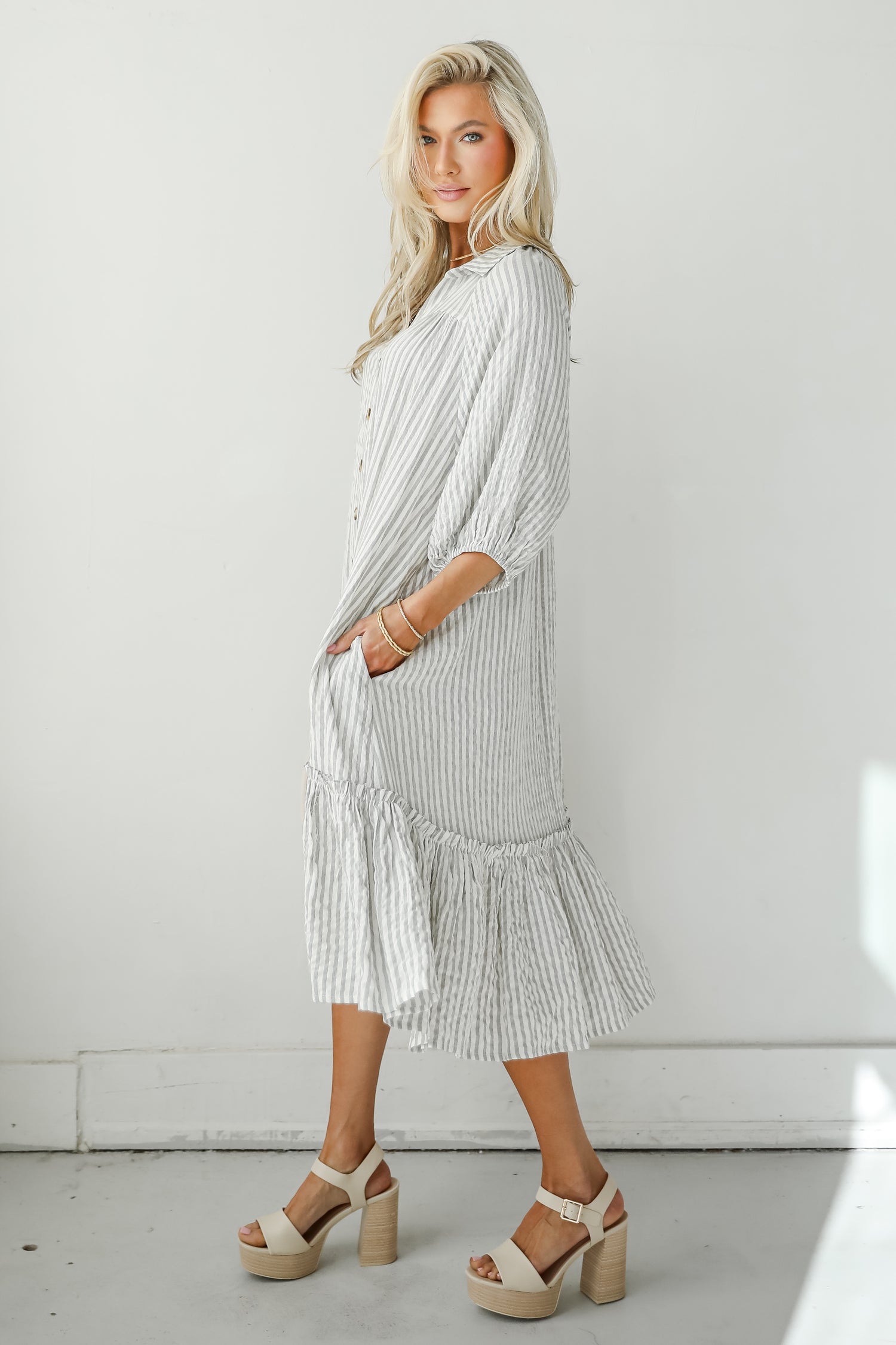 Prettiest Invite Grey Striped Seersucker Midi Dress