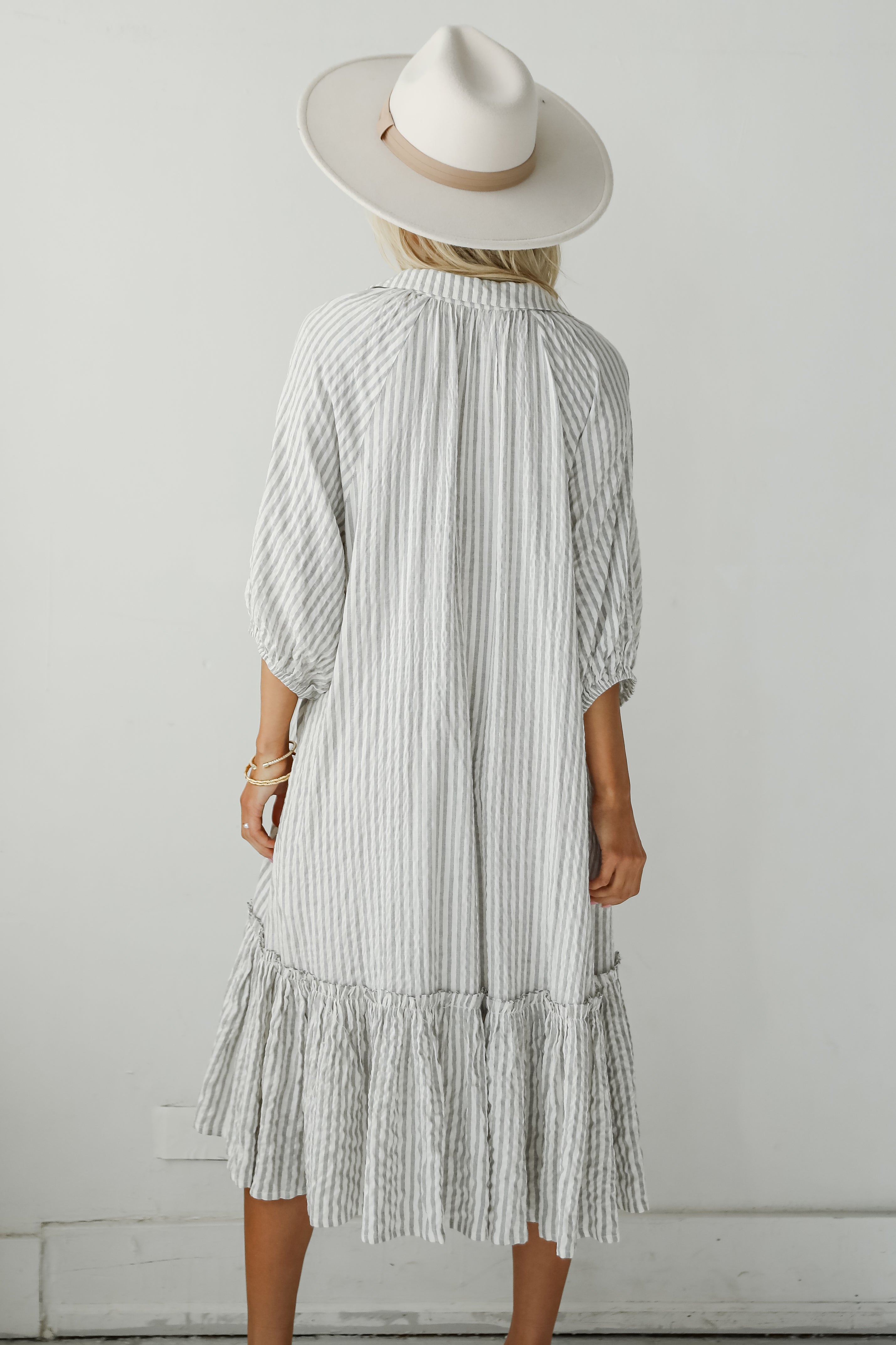 Prettiest Invite Grey Striped Seersucker Midi Dress