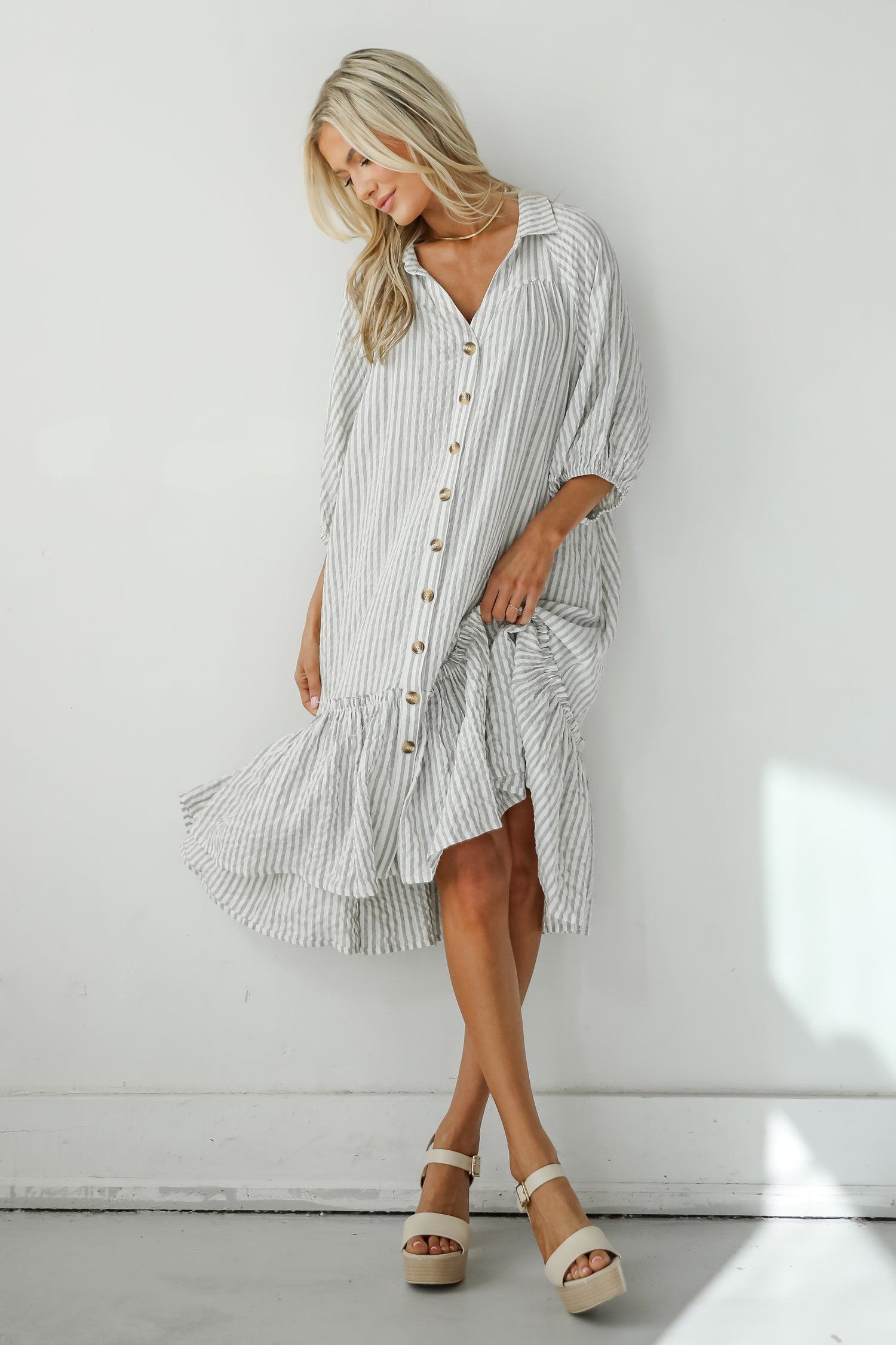 Prettiest Invite Grey Striped Seersucker Midi Dress